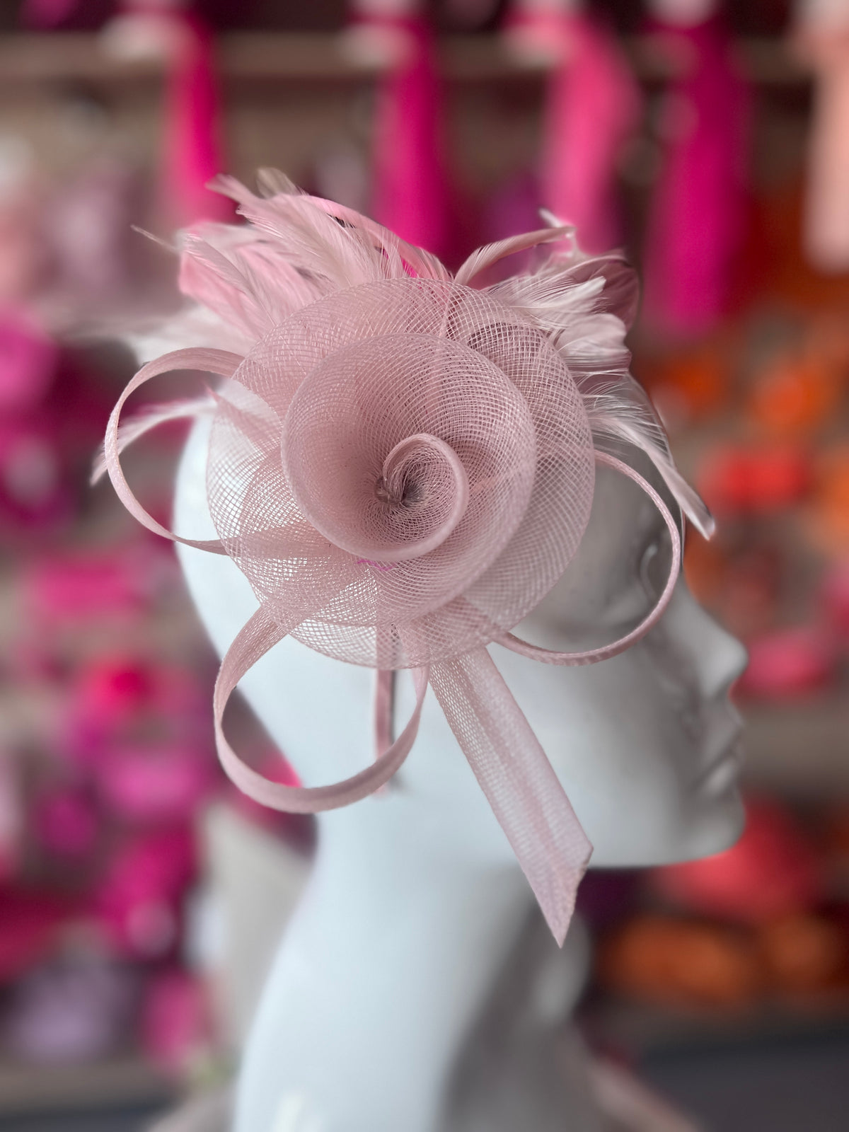 Dusky Pink Crinoline Fascinator with Swirl &amp; Feathers-Fascinators Direct