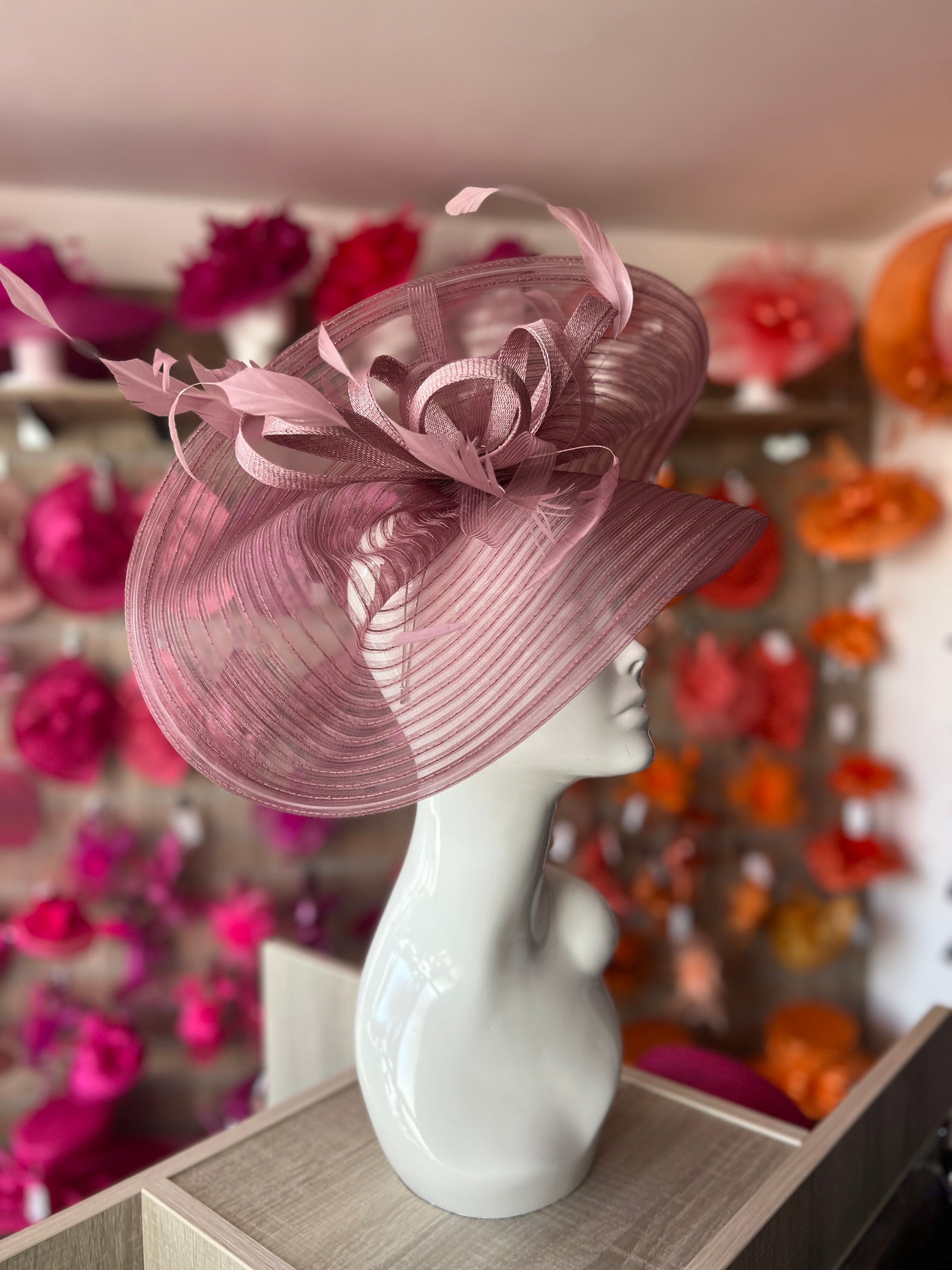 Dusky Pink Crinoline Hatinator with Loops & Feathers-Fascinators Direct