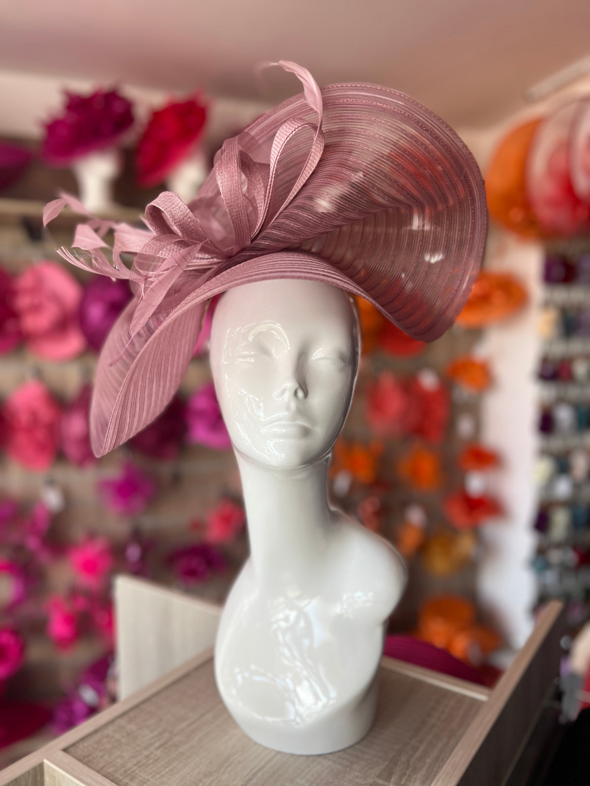 Dusky Pink Crinoline Hatinator with Loops &amp; Feathers-Fascinators Direct
