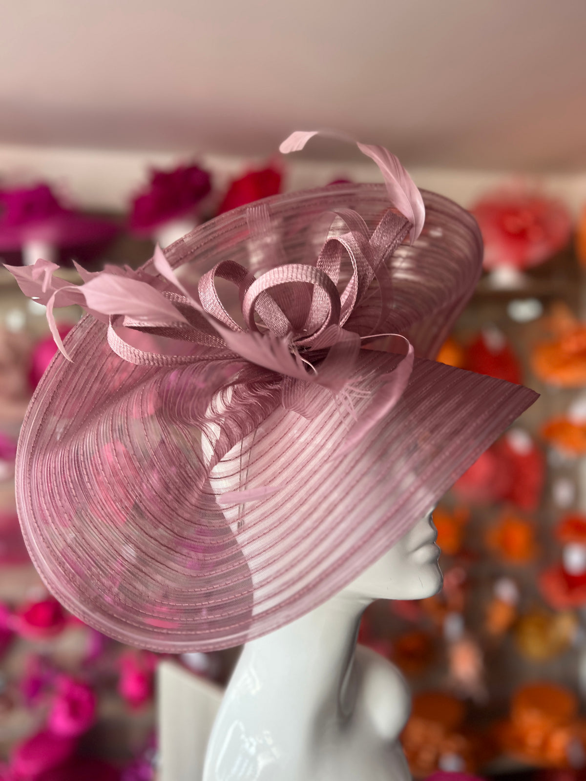 Dusky Pink Crinoline Hatinator with Loops &amp; Feathers-Fascinators Direct