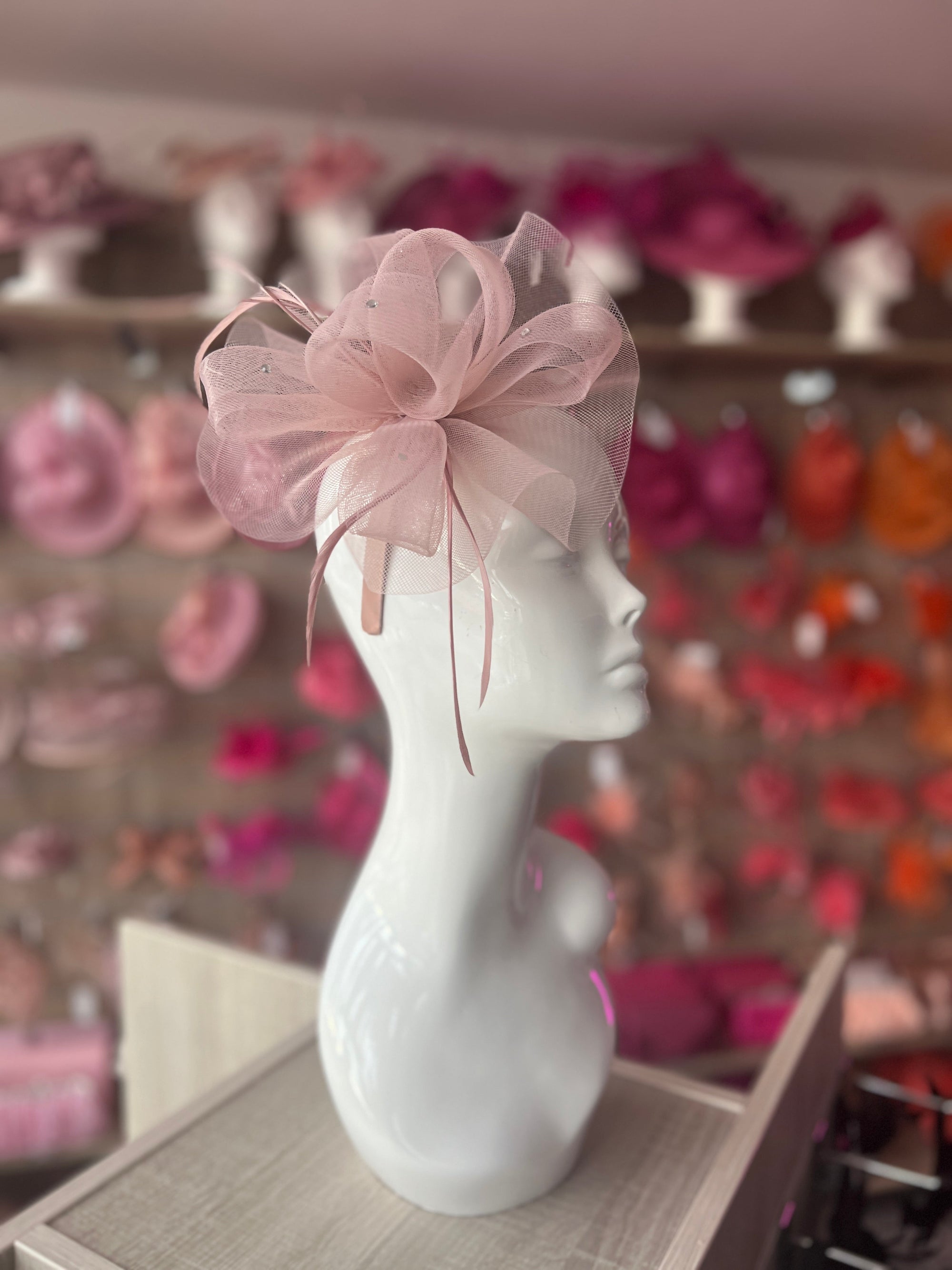 Dusky Pink Diamante Fascinator With Ruched Crinoline & Feathers-Fascinators Direct