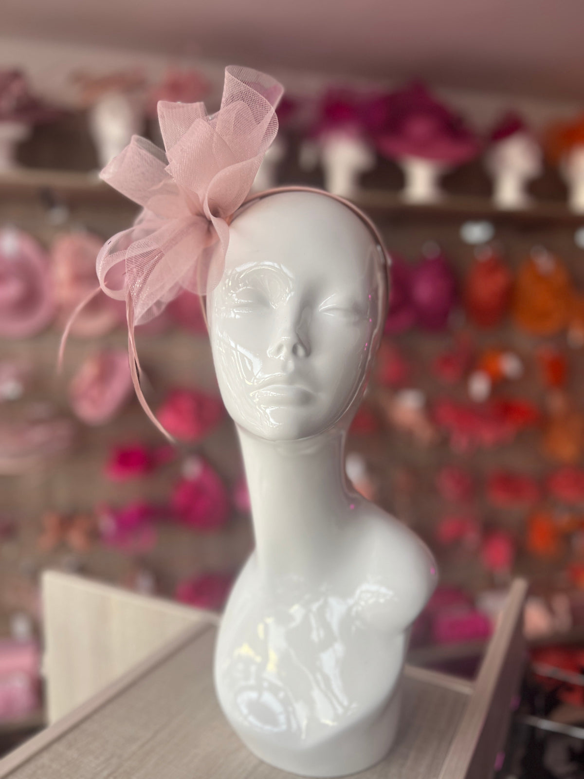 Dusky Pink Diamante Fascinator With Ruched Crinoline &amp; Feathers-Fascinators Direct