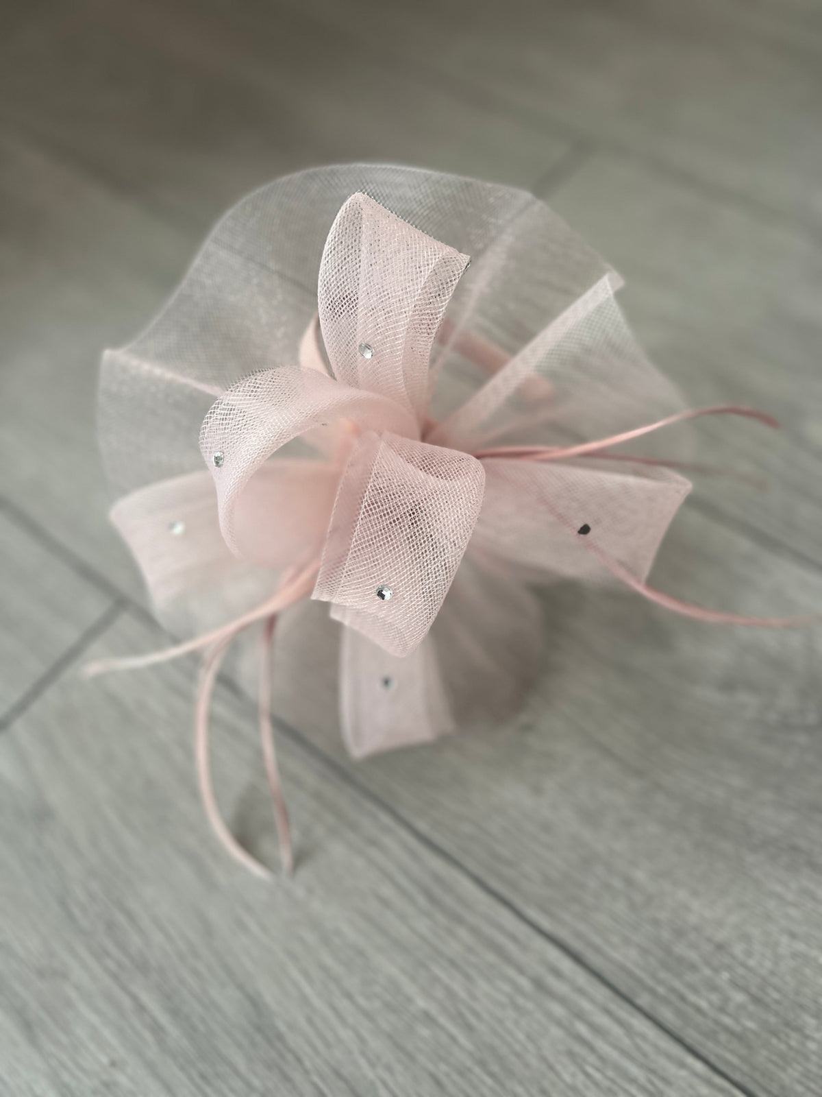 Dusky Pink Diamante Fascinator With Ruched Crinoline &amp; Feathers-Fascinators Direct