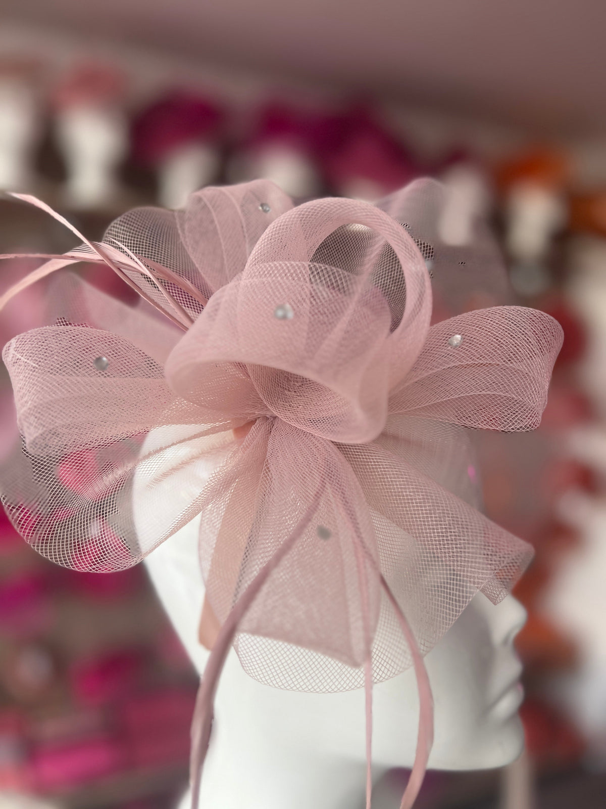 Dusky Pink Diamante Fascinator With Ruched Crinoline &amp; Feathers-Fascinators Direct