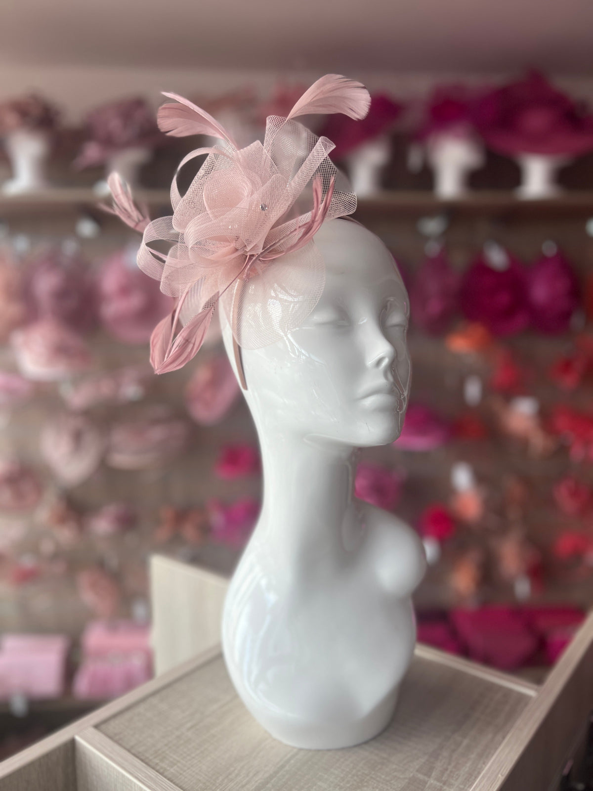 Dusky Pink Diamante Flower Fascinator With Feathers-Fascinators Direct