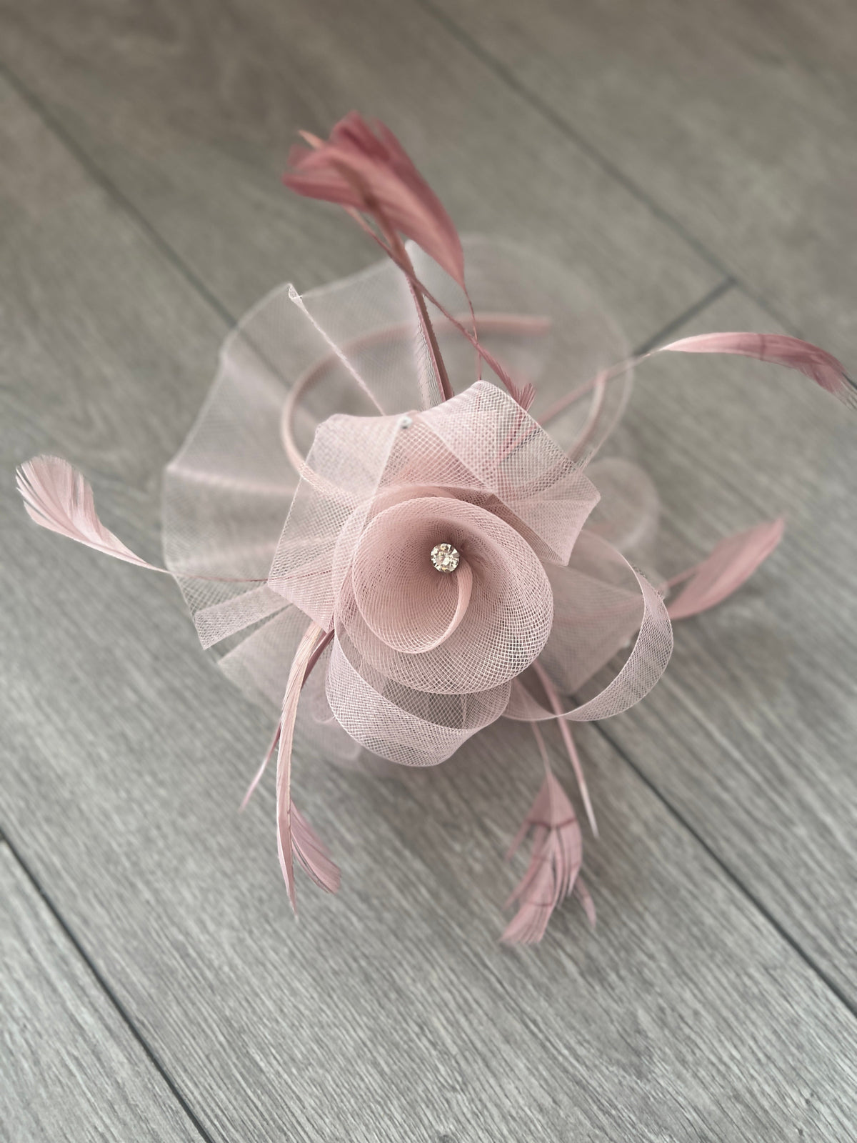 Dusky Pink Diamante Flower Fascinator With Feathers-Fascinators Direct