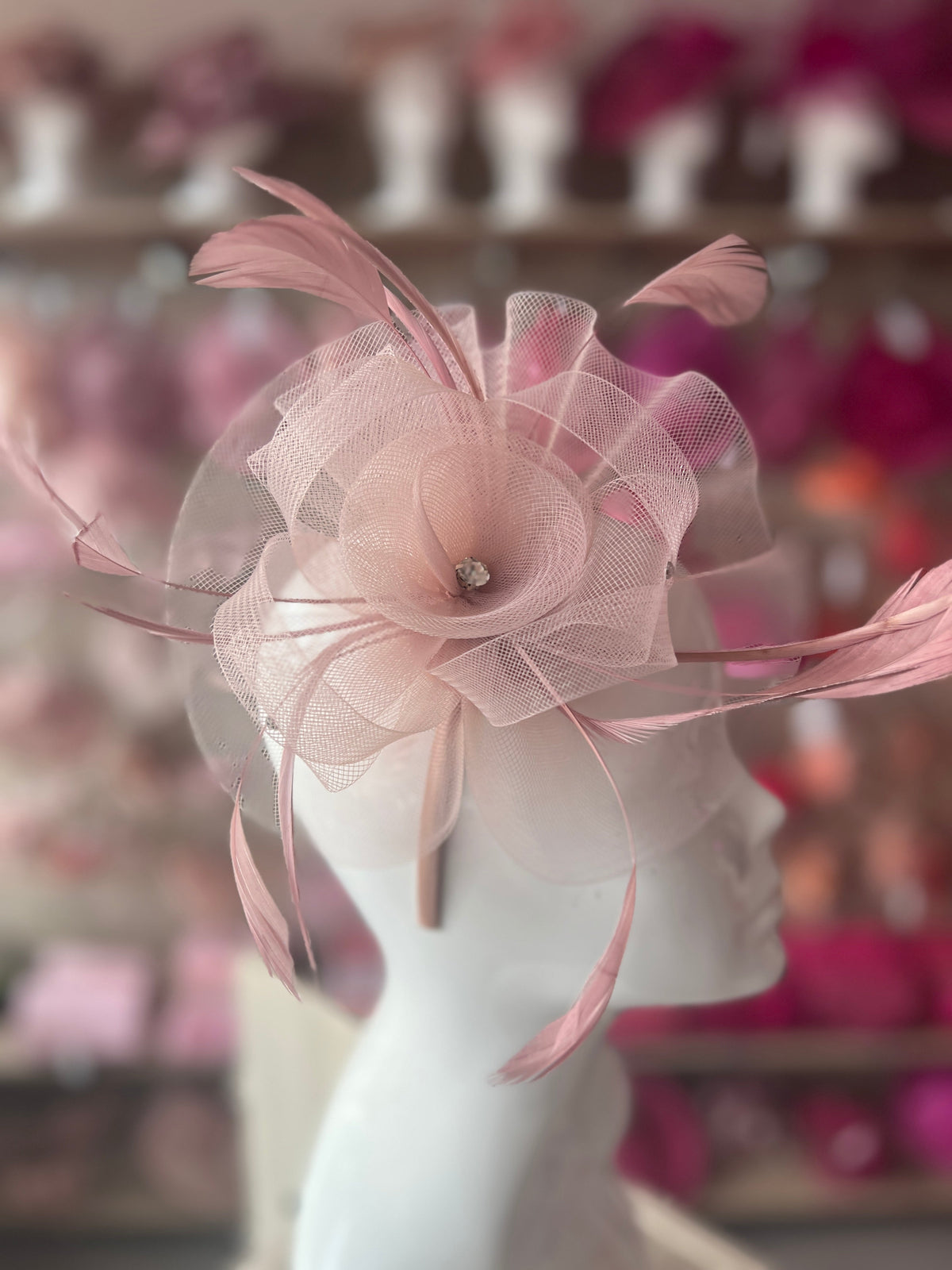 Dusky Pink Diamante Flower Fascinator With Feathers-Fascinators Direct