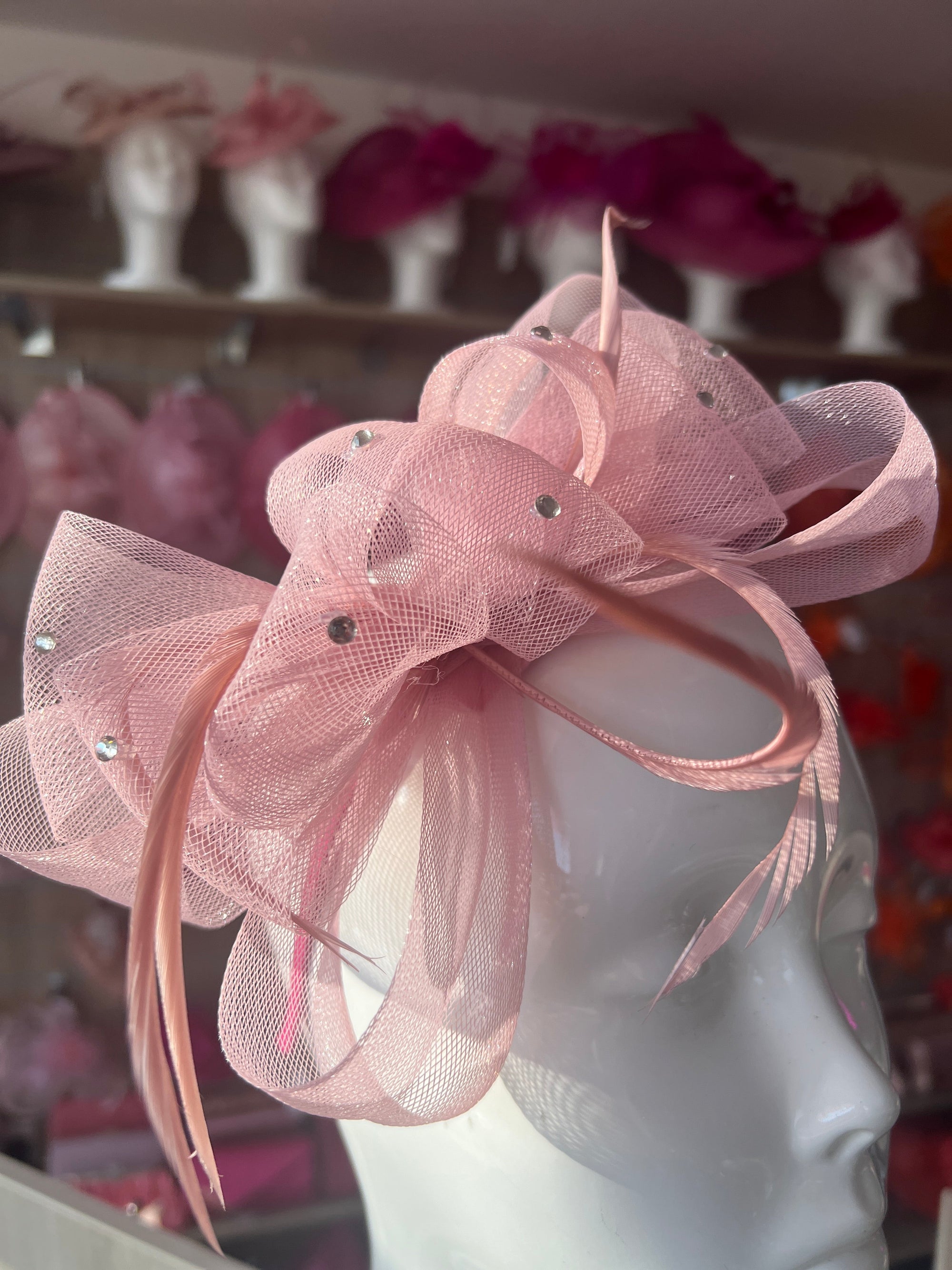 Dusky Pink Diamanté Loop Bow Fascinator-Fascinators Direct