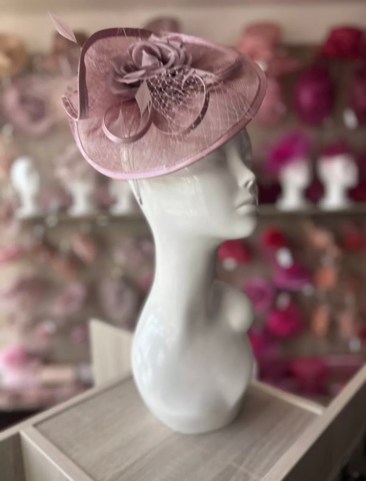 Dusky Pink Disc Fascinator with Fabric Rose & Netting-Fascinators Direct