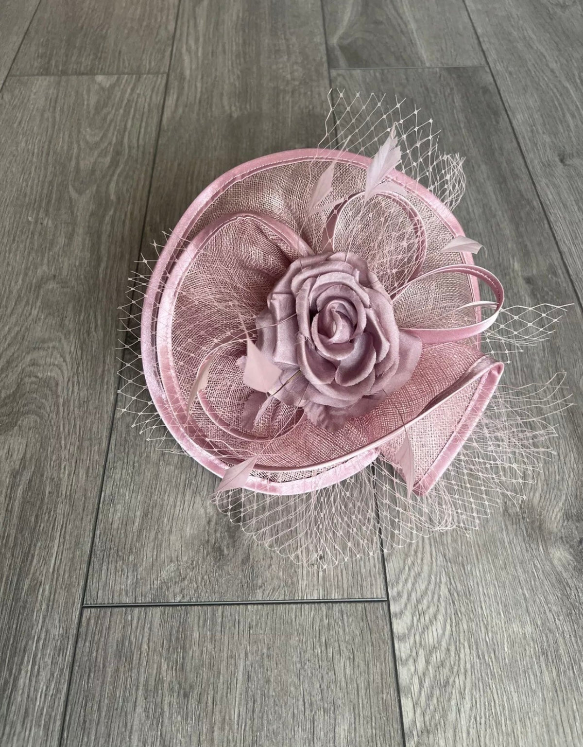 Dusky Pink Disc Fascinator with Fabric Rose &amp; Netting-Fascinators Direct