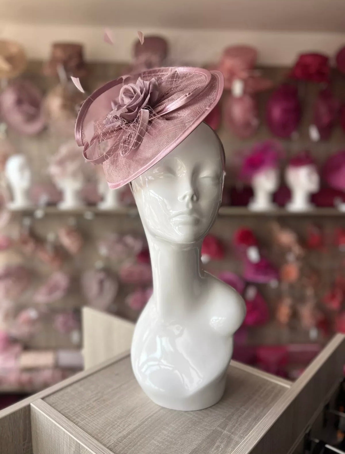 Dusky Pink Disc Fascinator with Fabric Rose &amp; Netting-Fascinators Direct