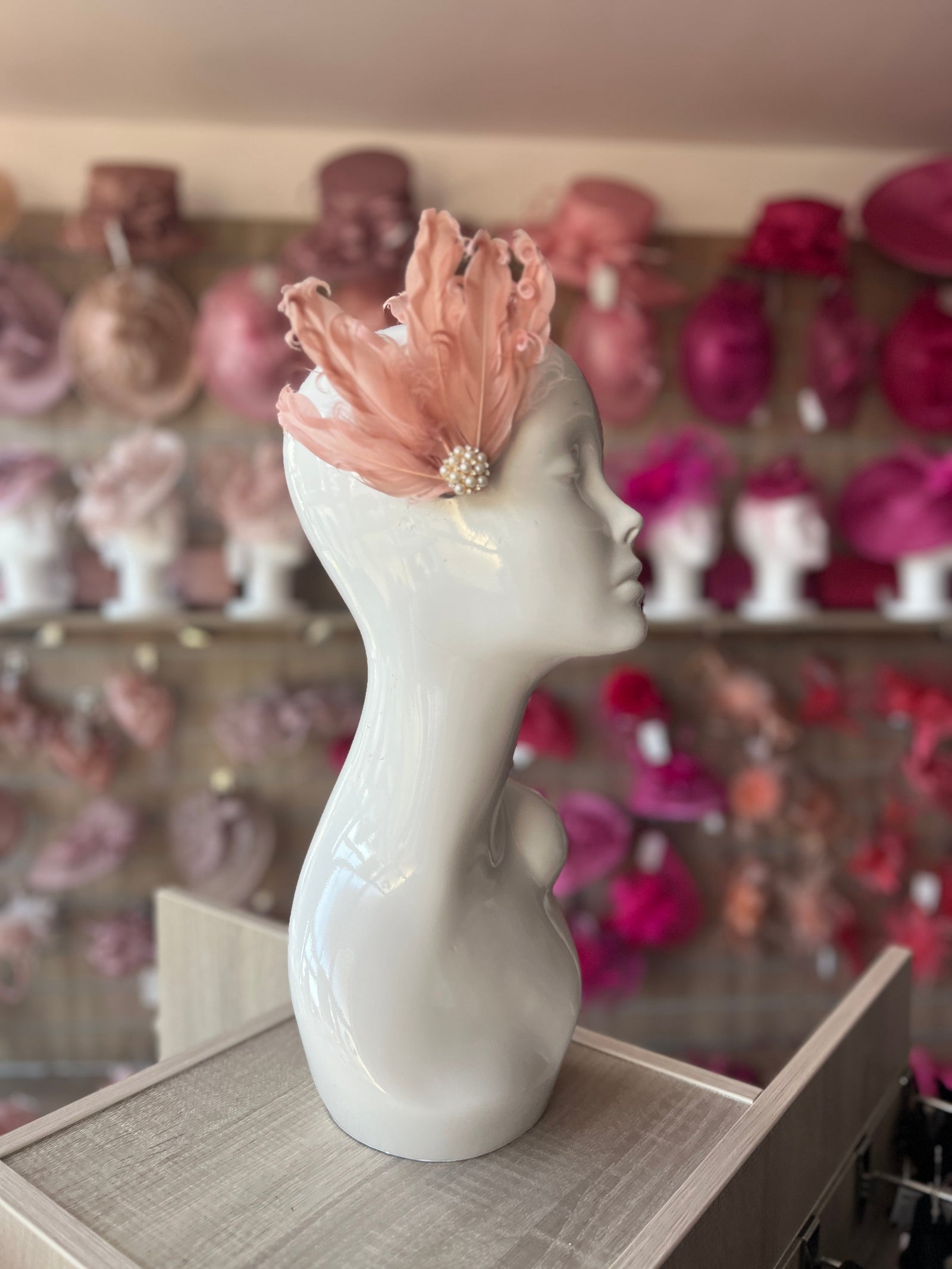 Dusky Pink Fascinator Clip with Vintage Feathers & Pearls-Fascinators Direct