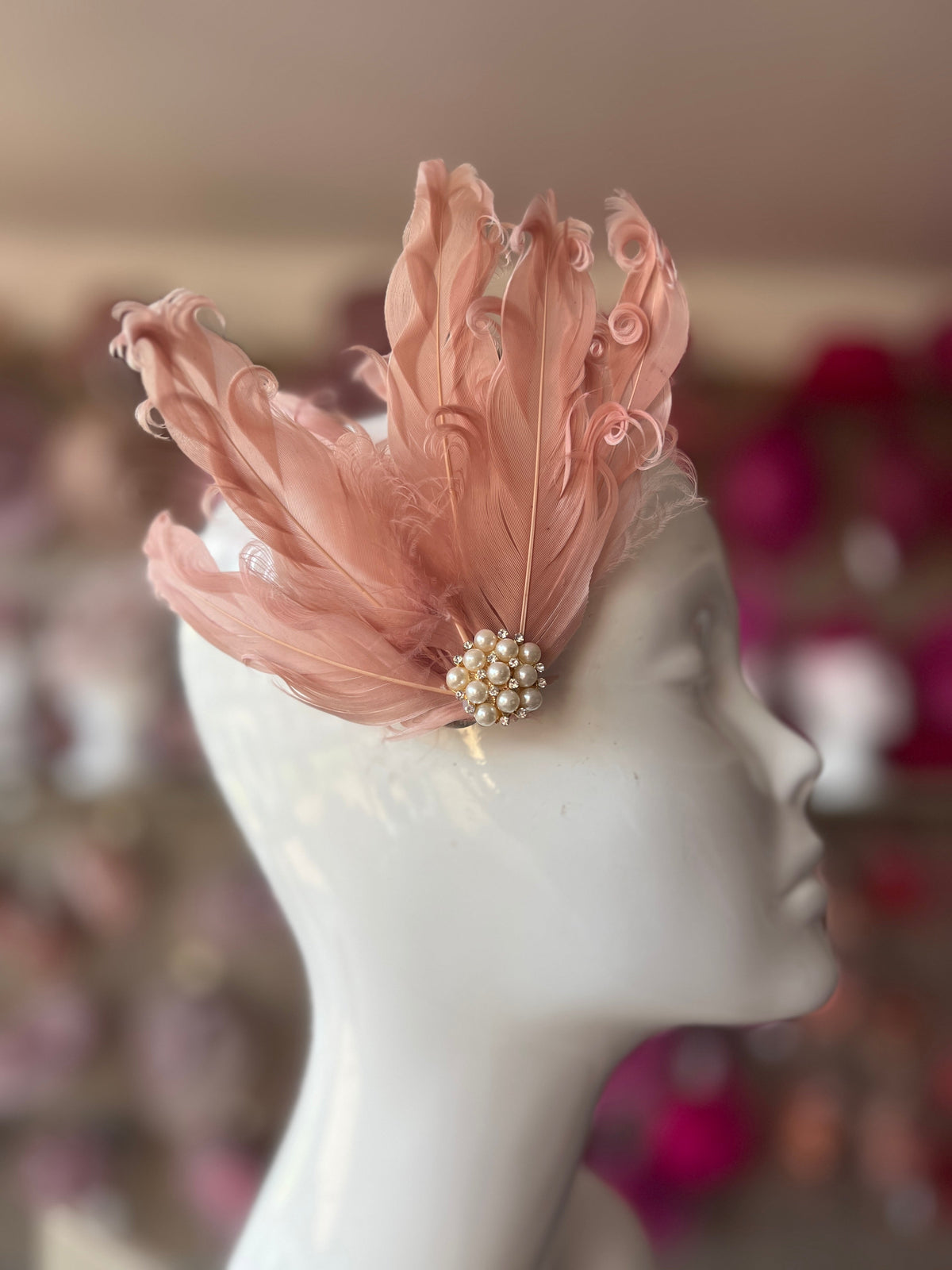 Dusky Pink Fascinator Clip with Vintage Feathers &amp; Pearls-Fascinators Direct