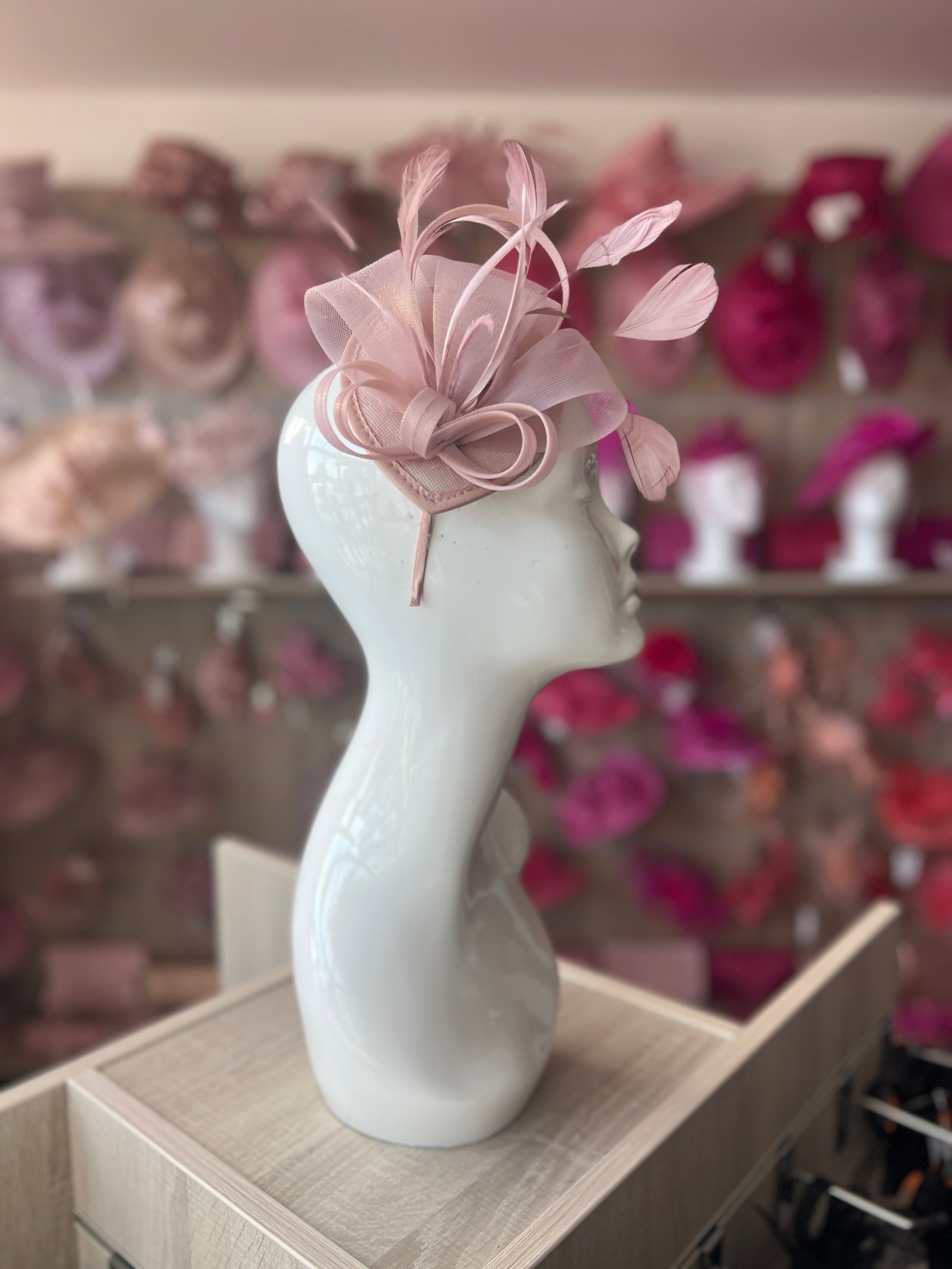 Dusky Pink Fascinator Headband with Looped Crin & Feather-Fascinators Direct