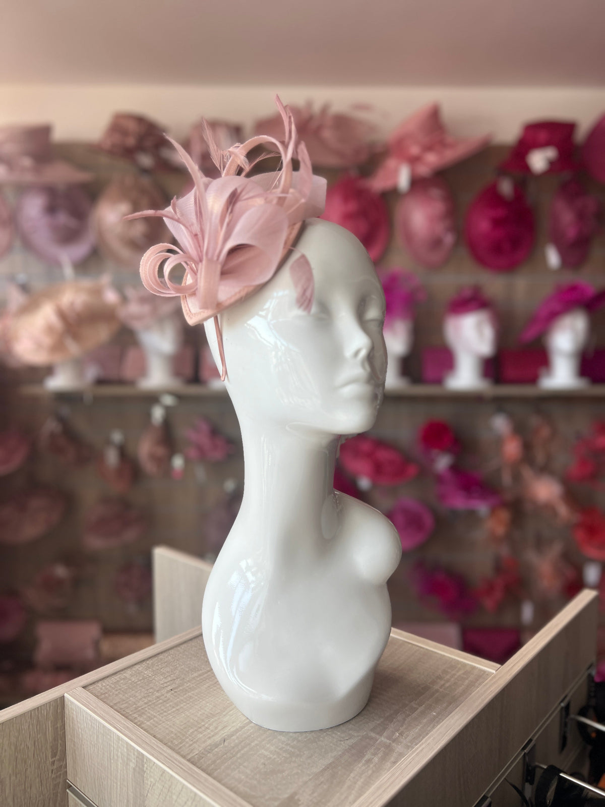 Dusky Pink Fascinator Headband with Looped Crin &amp; Feather-Fascinators Direct