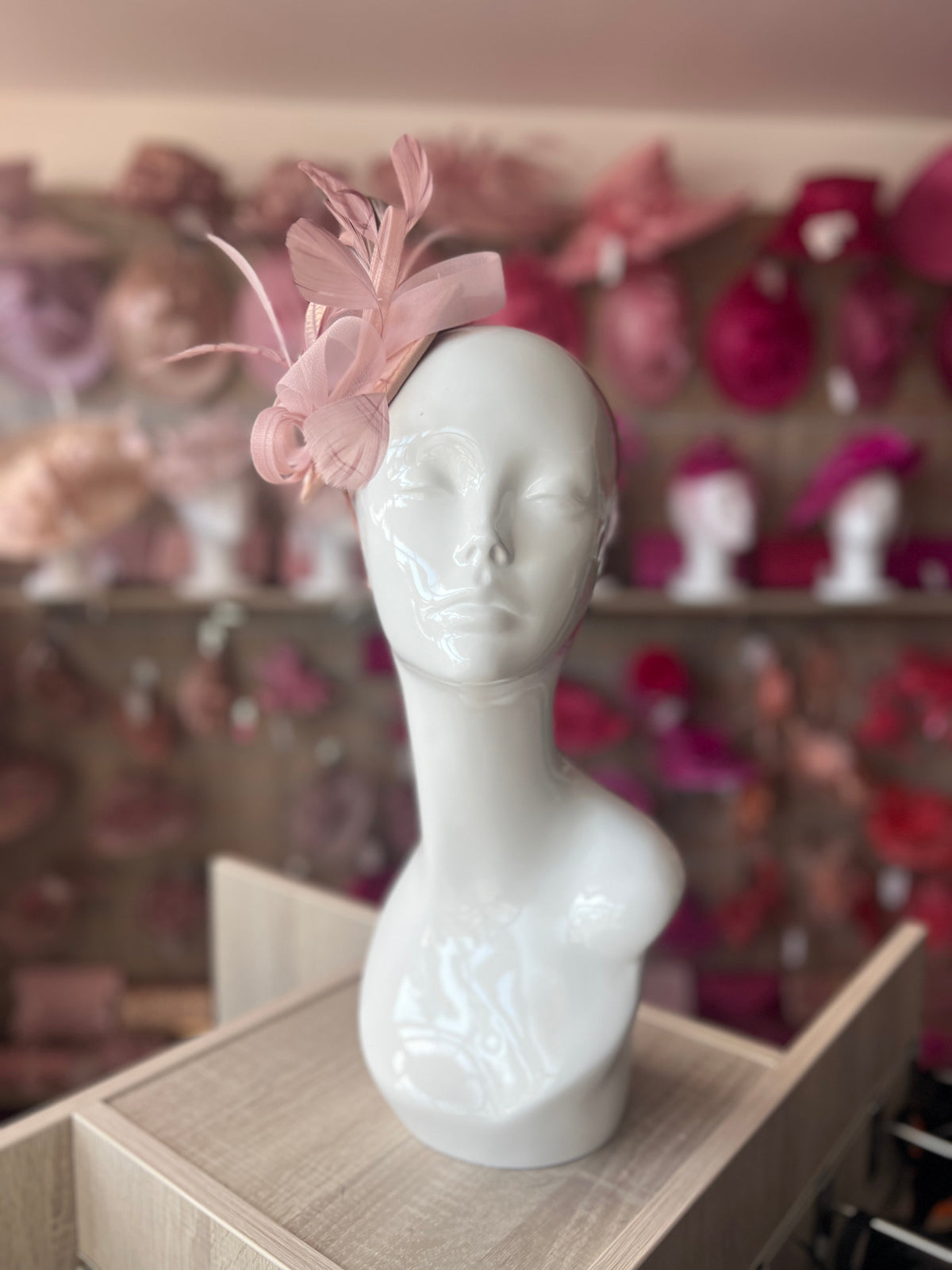 Dusky Pink Fascinator Headband with Looped Crin &amp; Feather-Fascinators Direct