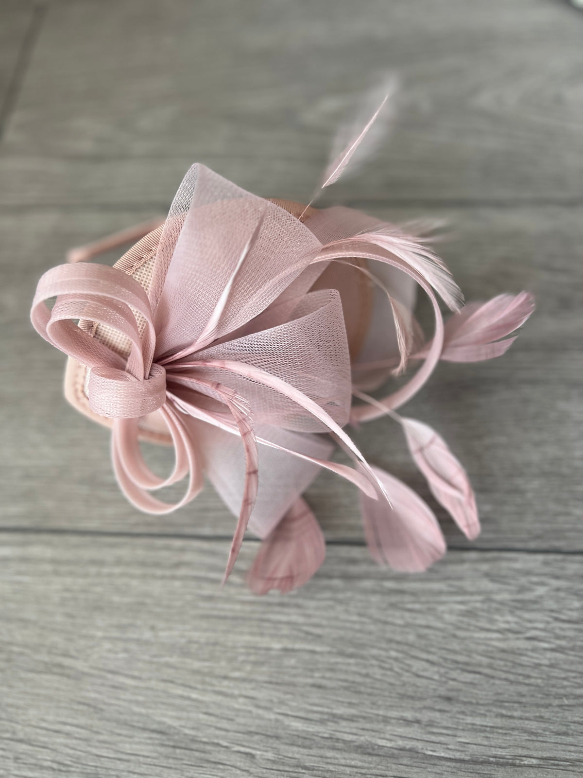 Dusky Pink Fascinator Headband with Looped Crin &amp; Feather-Fascinators Direct
