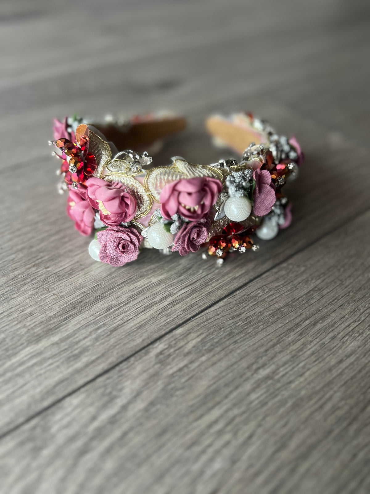 Dusky Pink Flower Headband With Beads &amp; Diamantes-Fascinators Direct