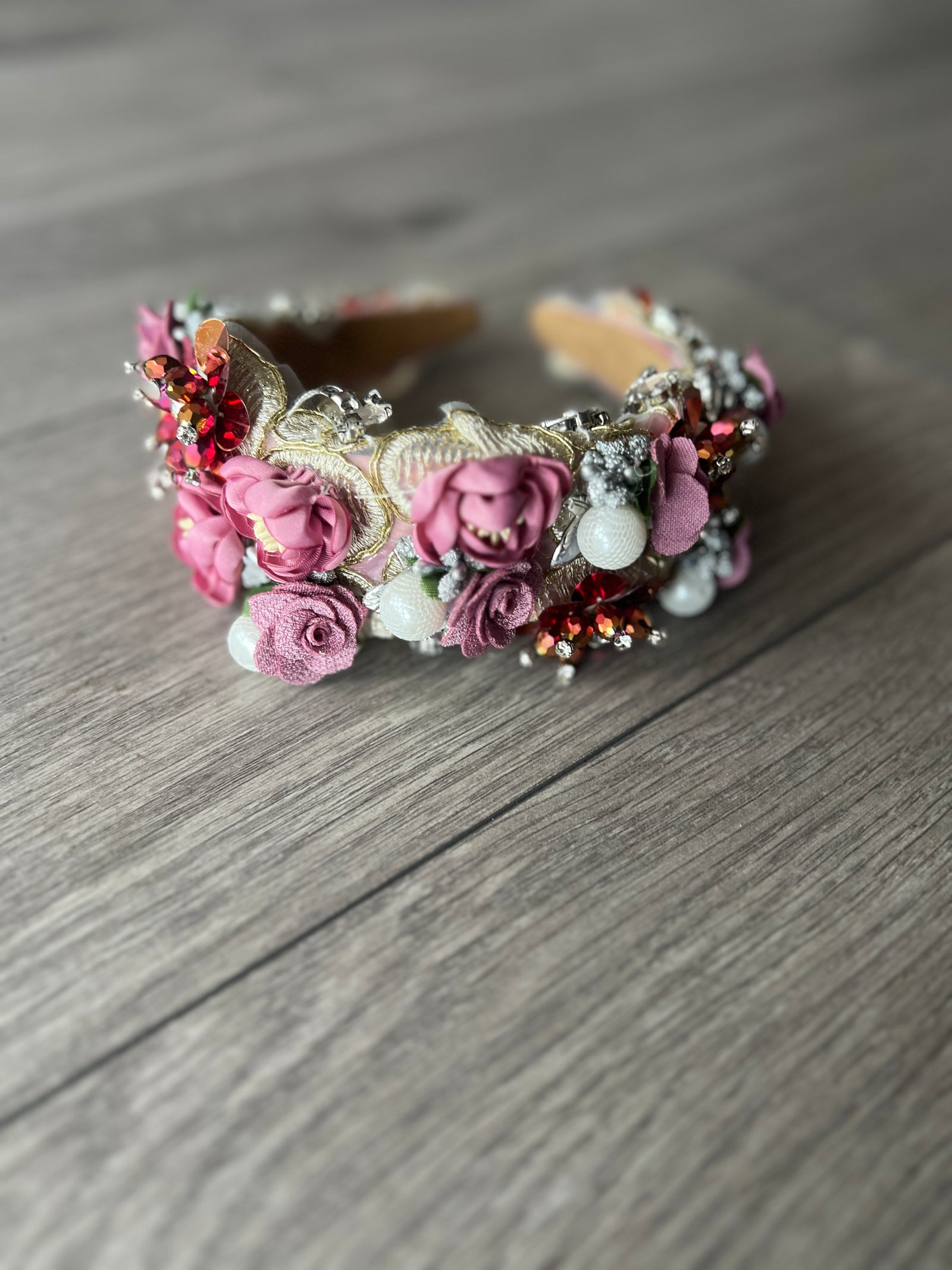 Dusky Pink Flower Headband With Beads & Diamantes-Fascinators Direct