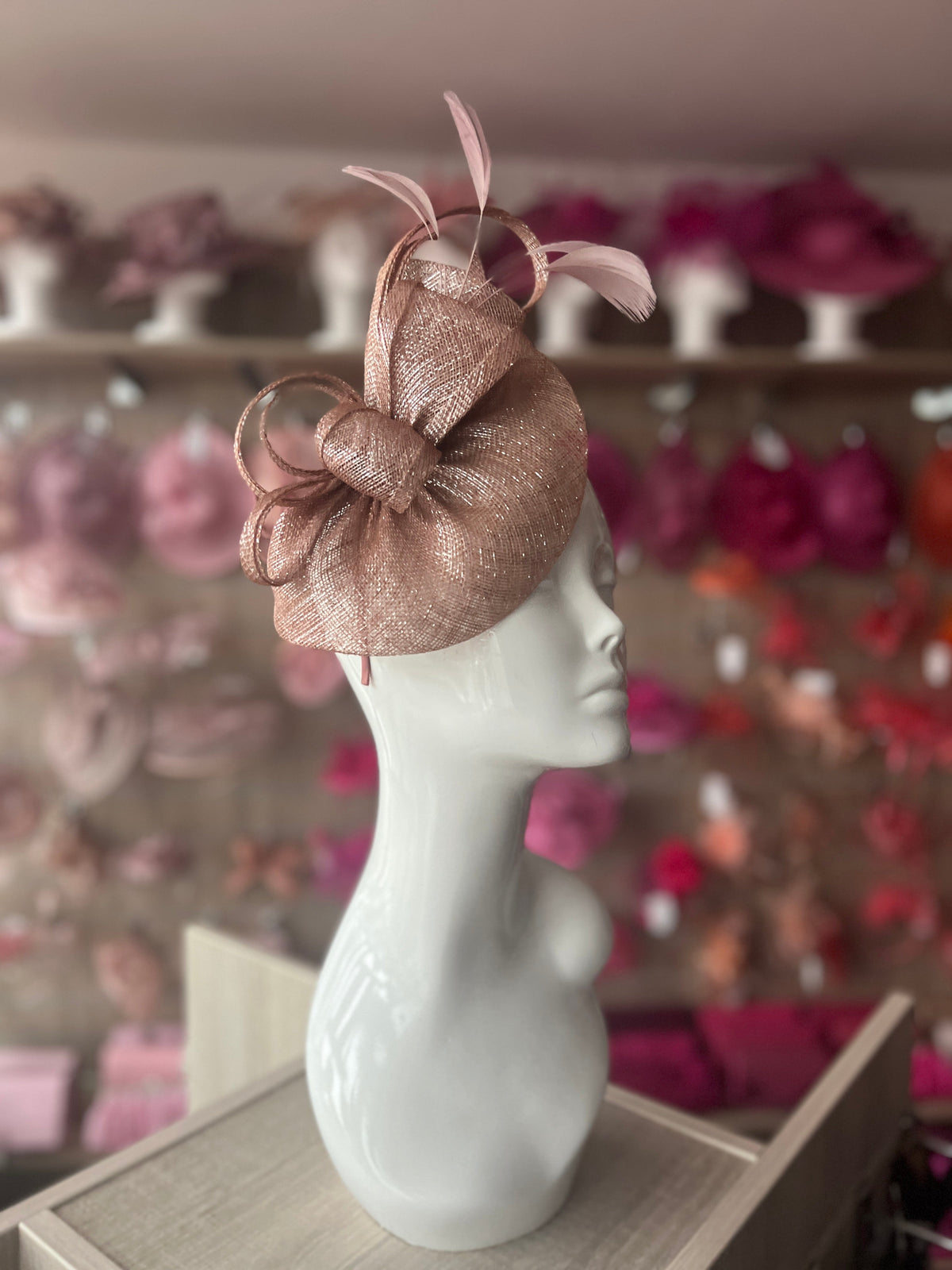 Dusky Pink Metallic Fascinator With Oval Base-Fascinators Direct