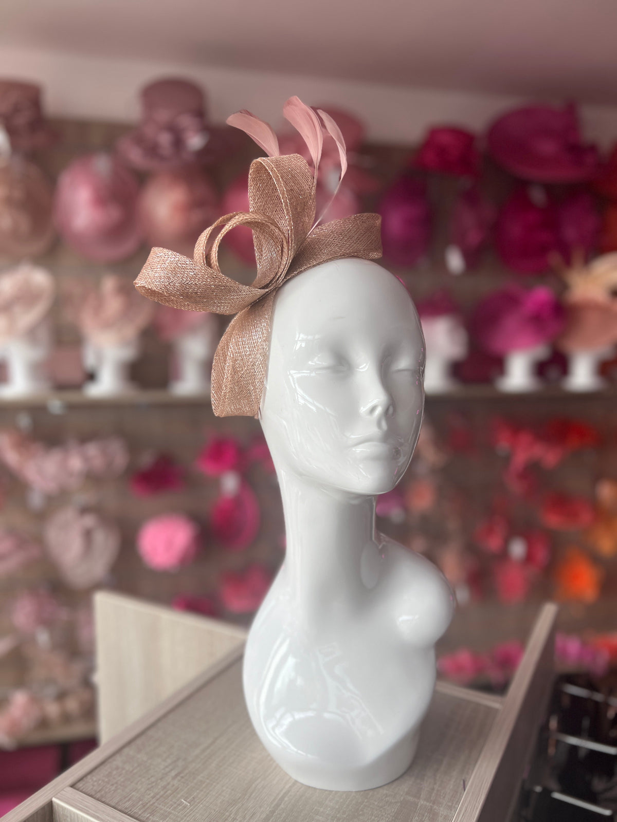 Dusky Pink Metallic Large Loop Feather Headband Fascinator-Fascinators Direct