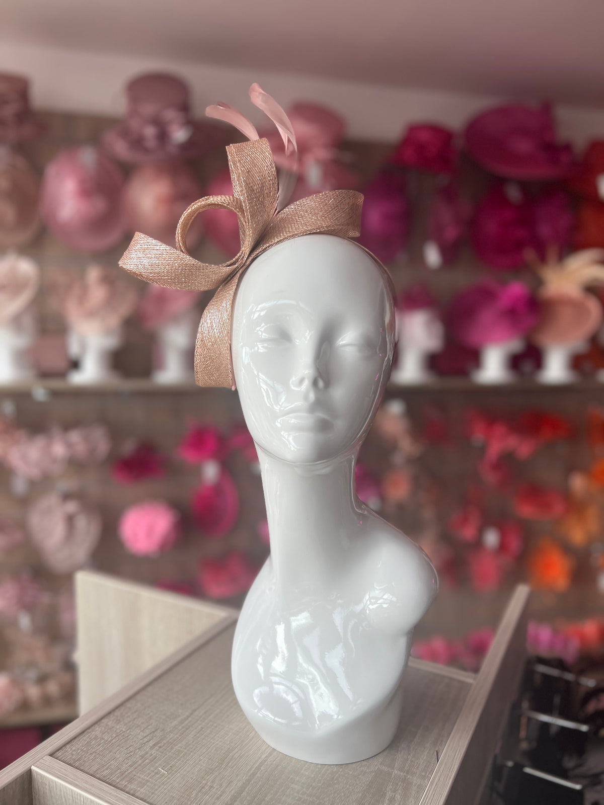 Dusky Pink Metallic Large Loop Feather Headband Fascinator-Fascinators Direct