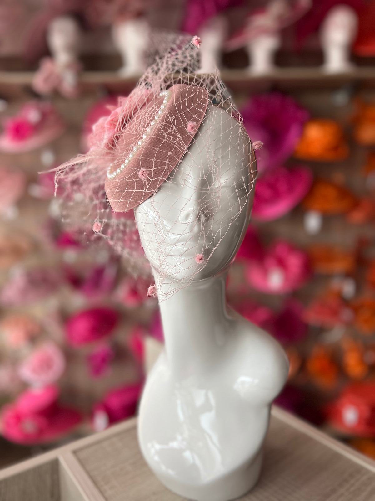 Dusky Pink Pillbox Hat With Flower,Veil &amp; Pearls-Fascinators Direct