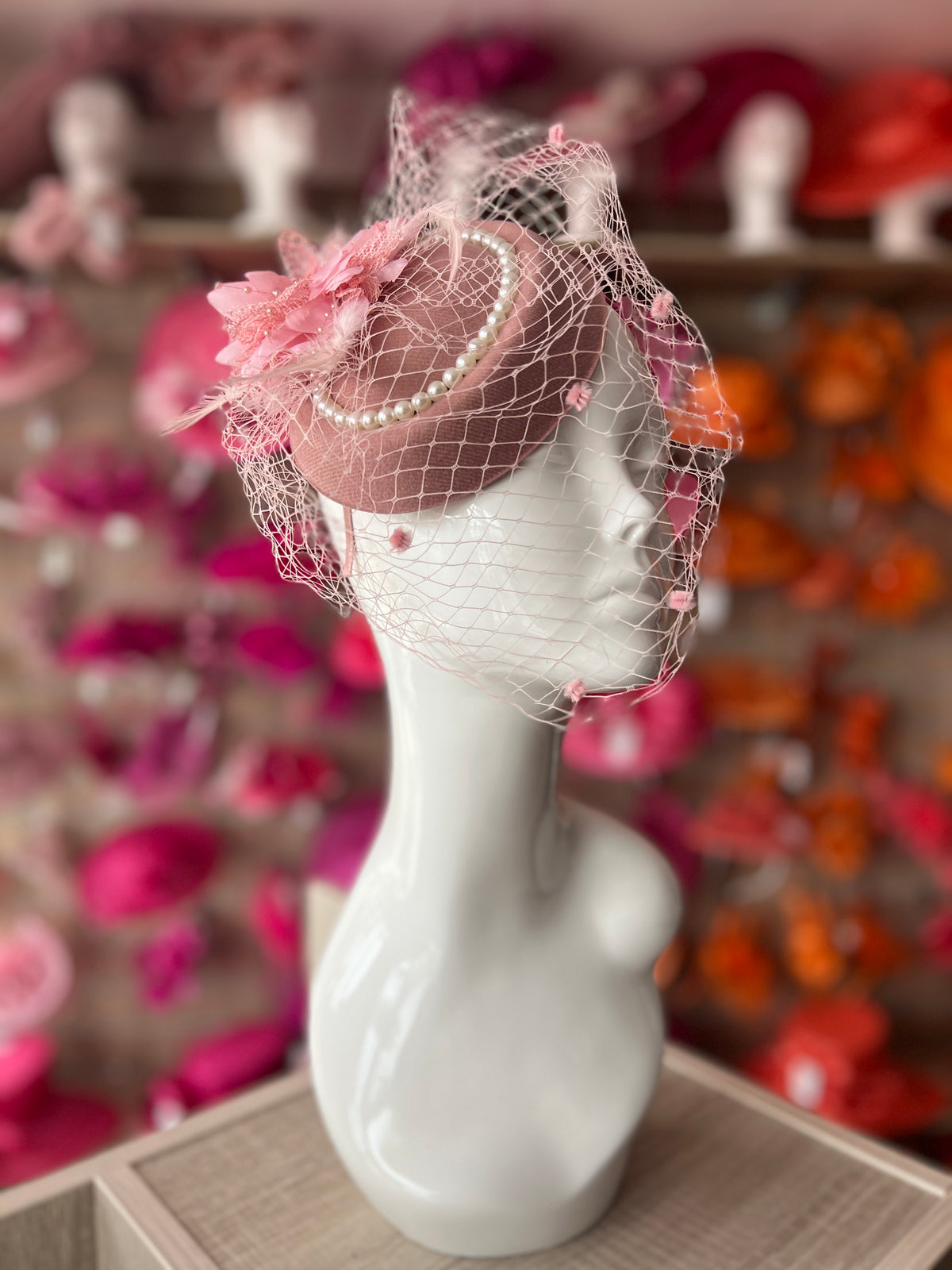 Dusky Pink Pillbox Hat With Flower,Veil &amp; Pearls-Fascinators Direct