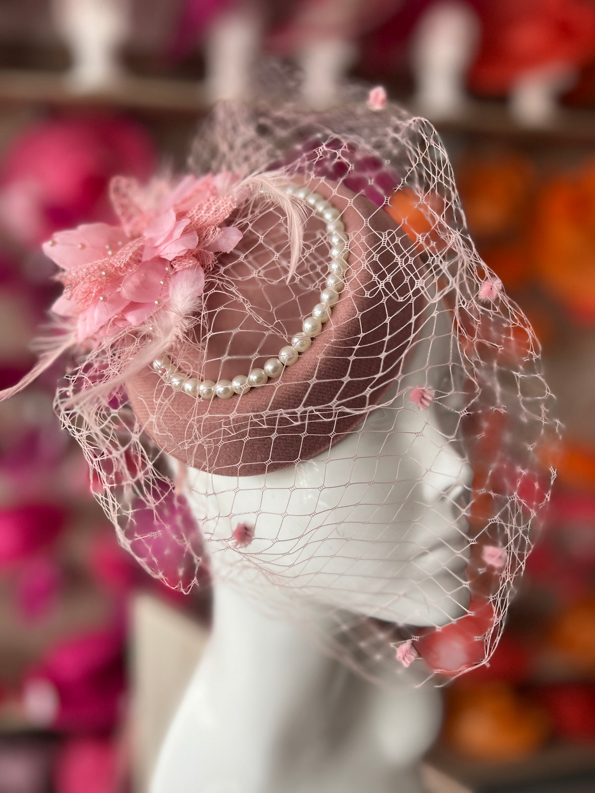 Dusky Pink Pillbox Hat With Flower,Veil &amp; Pearls-Fascinators Direct