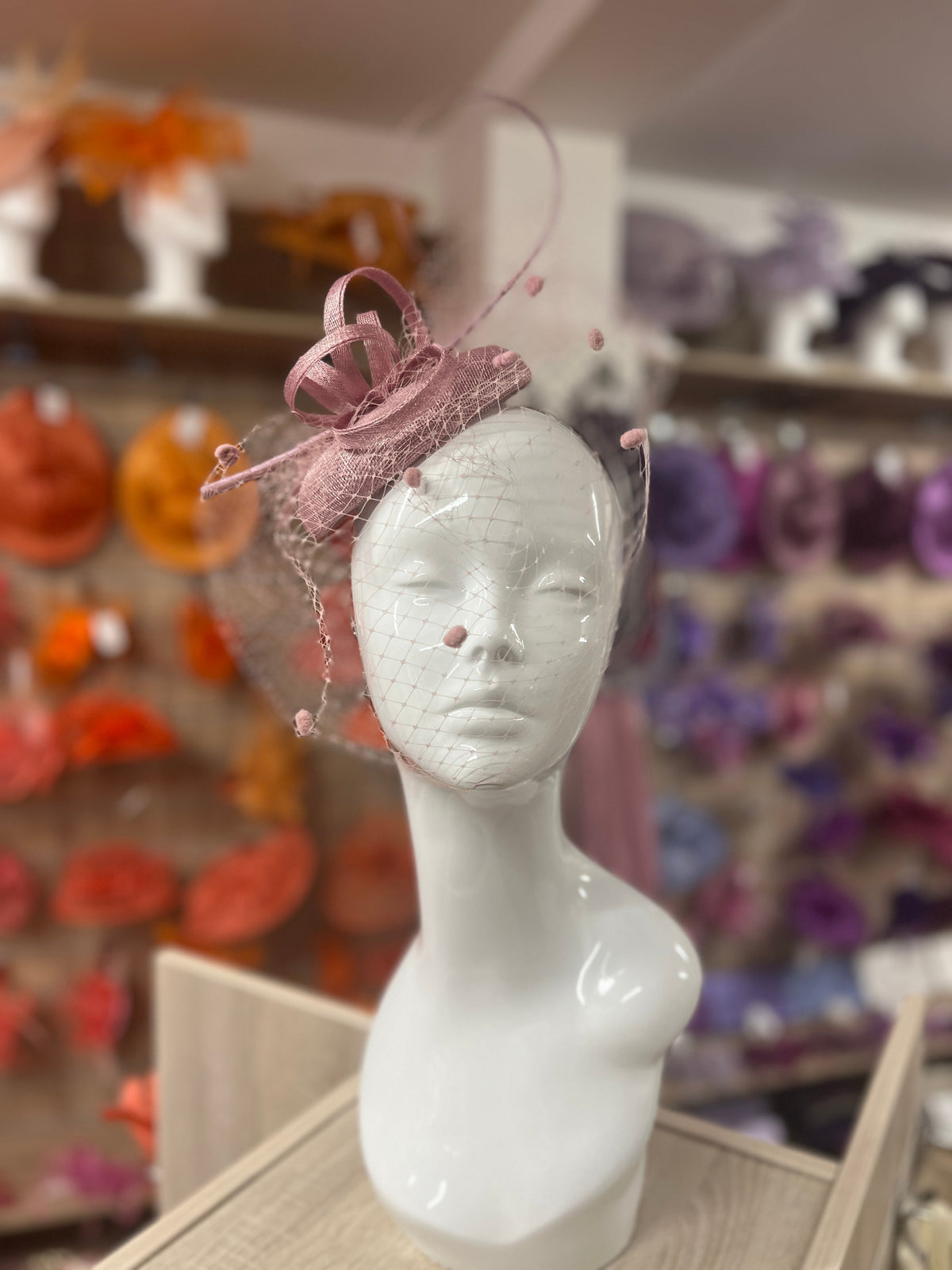 Dusky Pink Pillbox Hat with Veil &amp; Curled Quill-Fascinators Direct