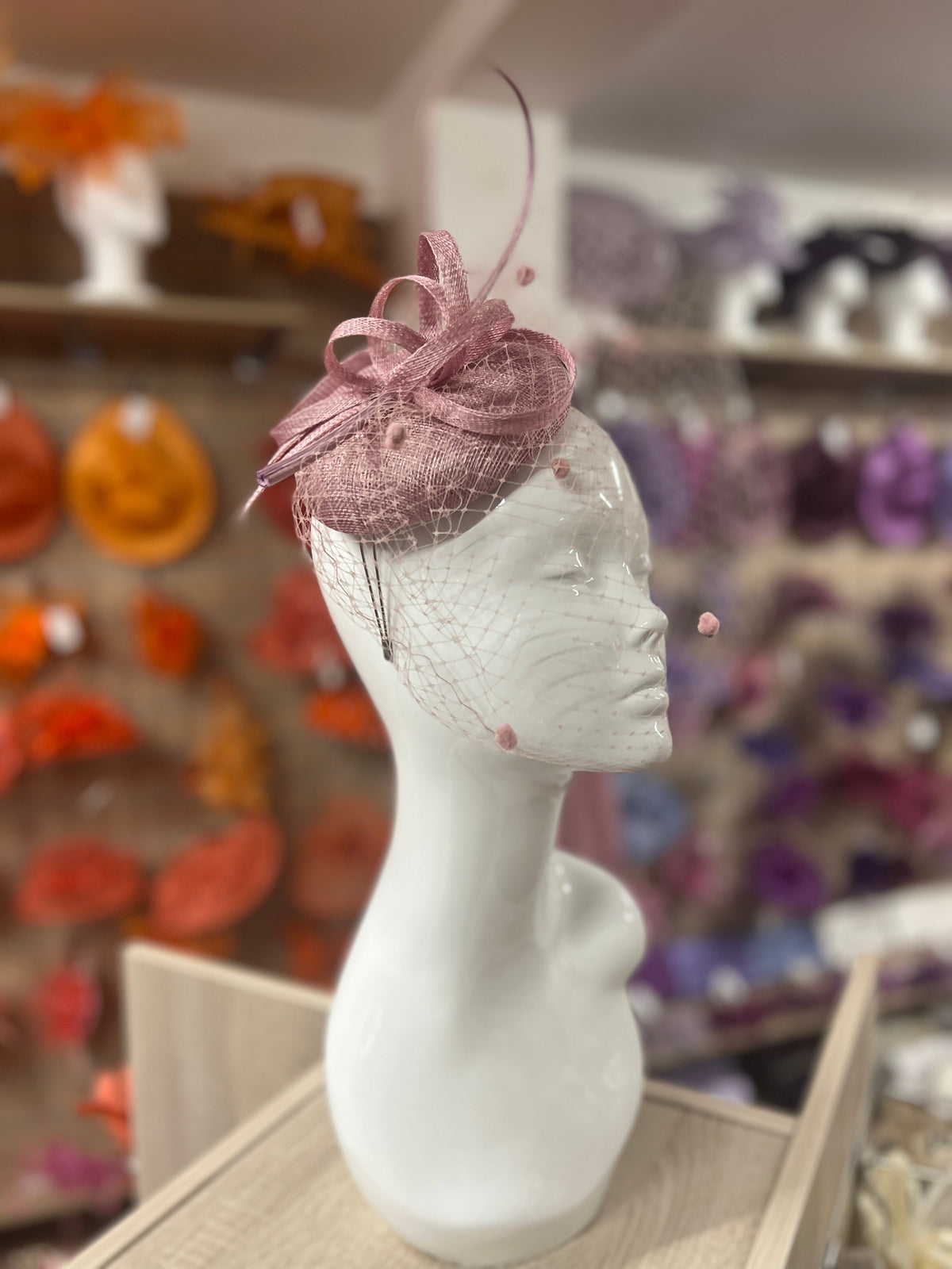 Dusky Pink Pillbox Hat with Veil &amp; Curled Quill-Fascinators Direct