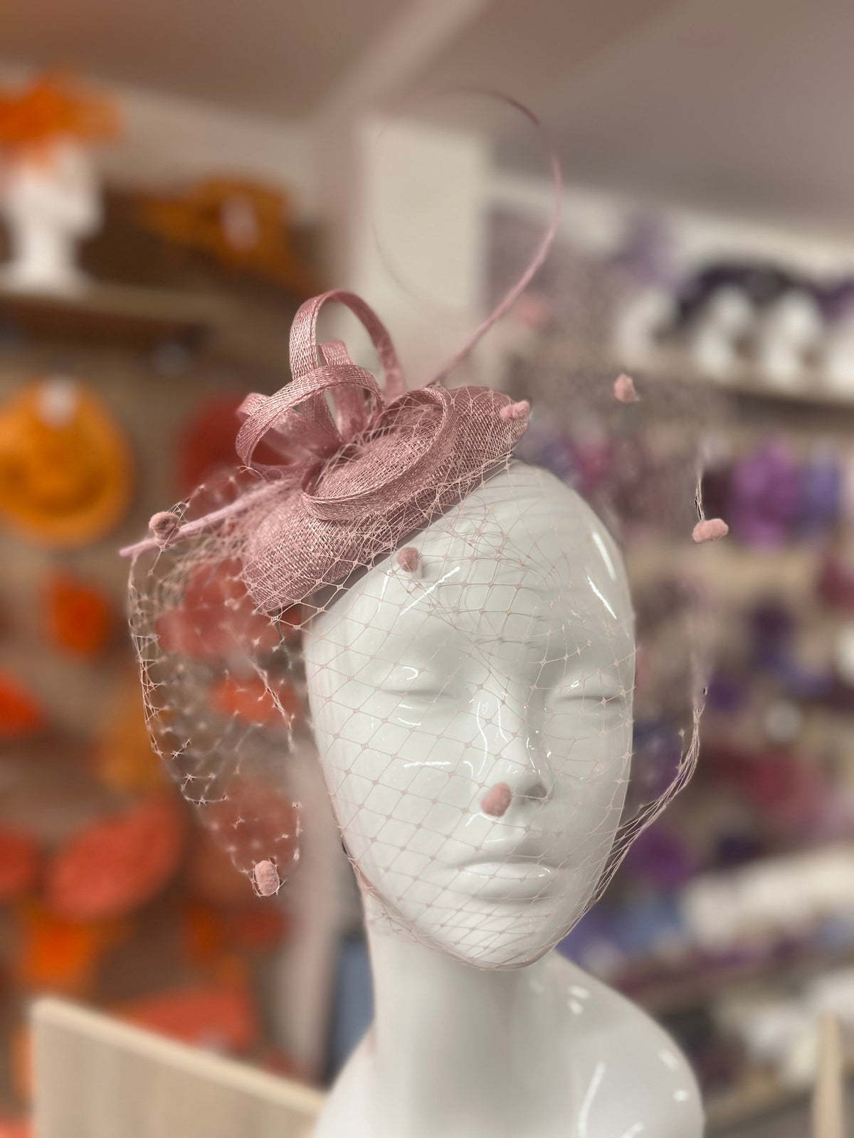Dusky Pink Pillbox Hat with Veil &amp; Curled Quill-Fascinators Direct