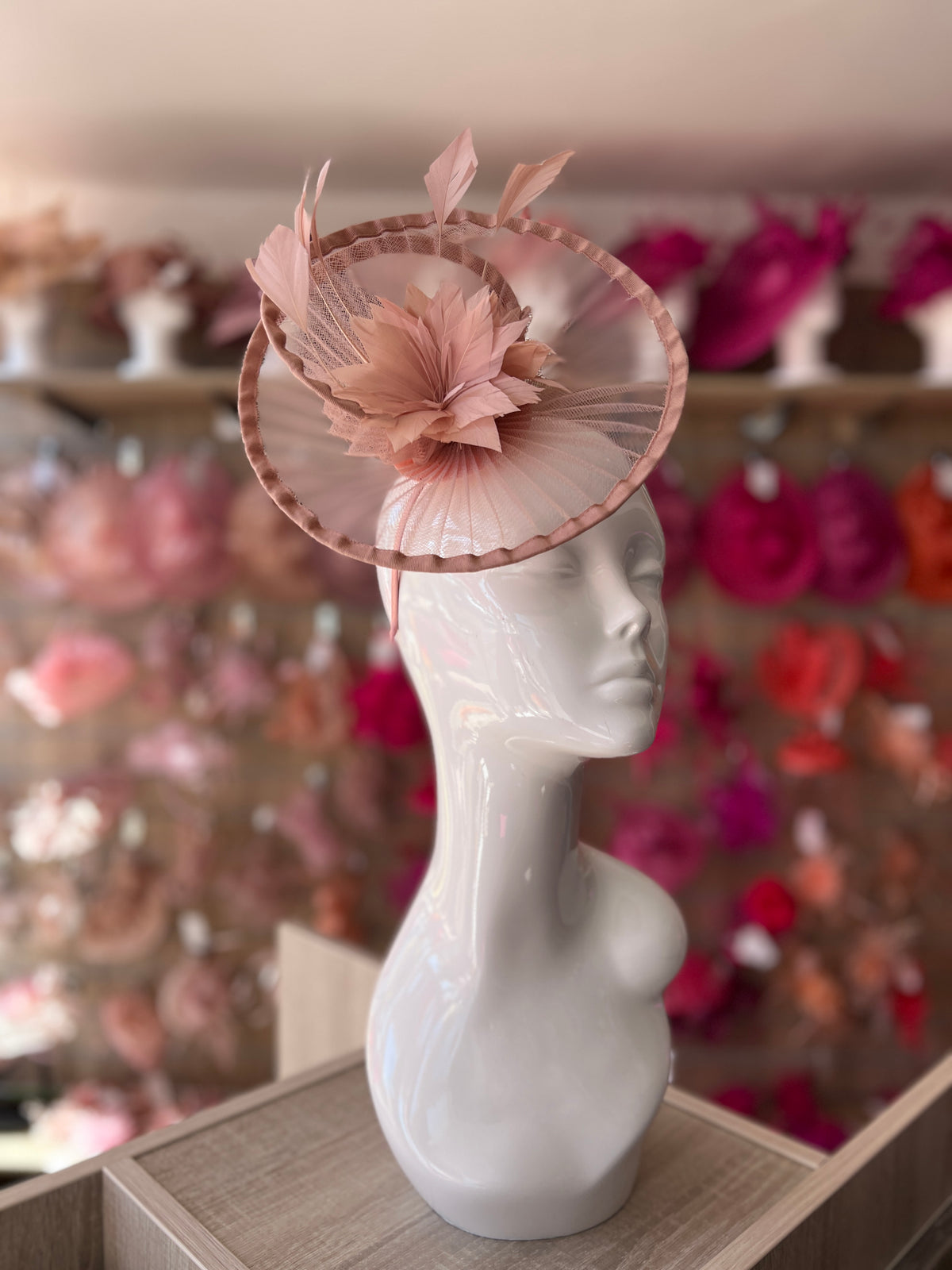 Dusky Pink Pleated Spiral Fascinator With Feather Flower-Fascinators Direct