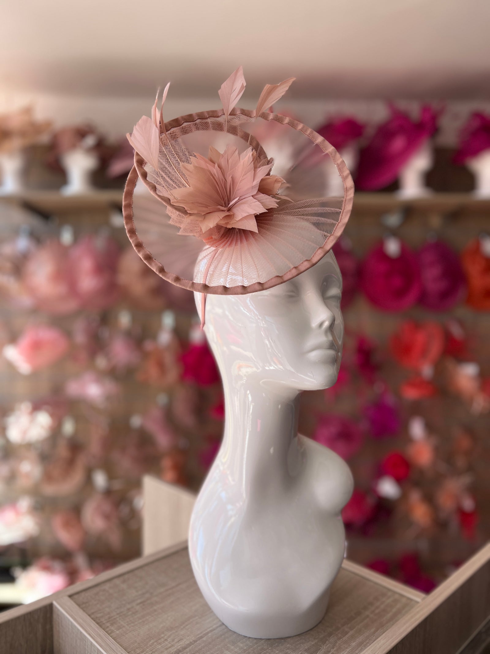 Dusky Pink Pleated Spiral Fascinator With Feather Flower-Fascinators Direct