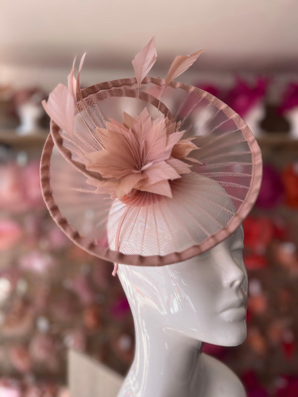 Dusky Pink Pleated Spiral Fascinator With Feather Flower-Fascinators Direct
