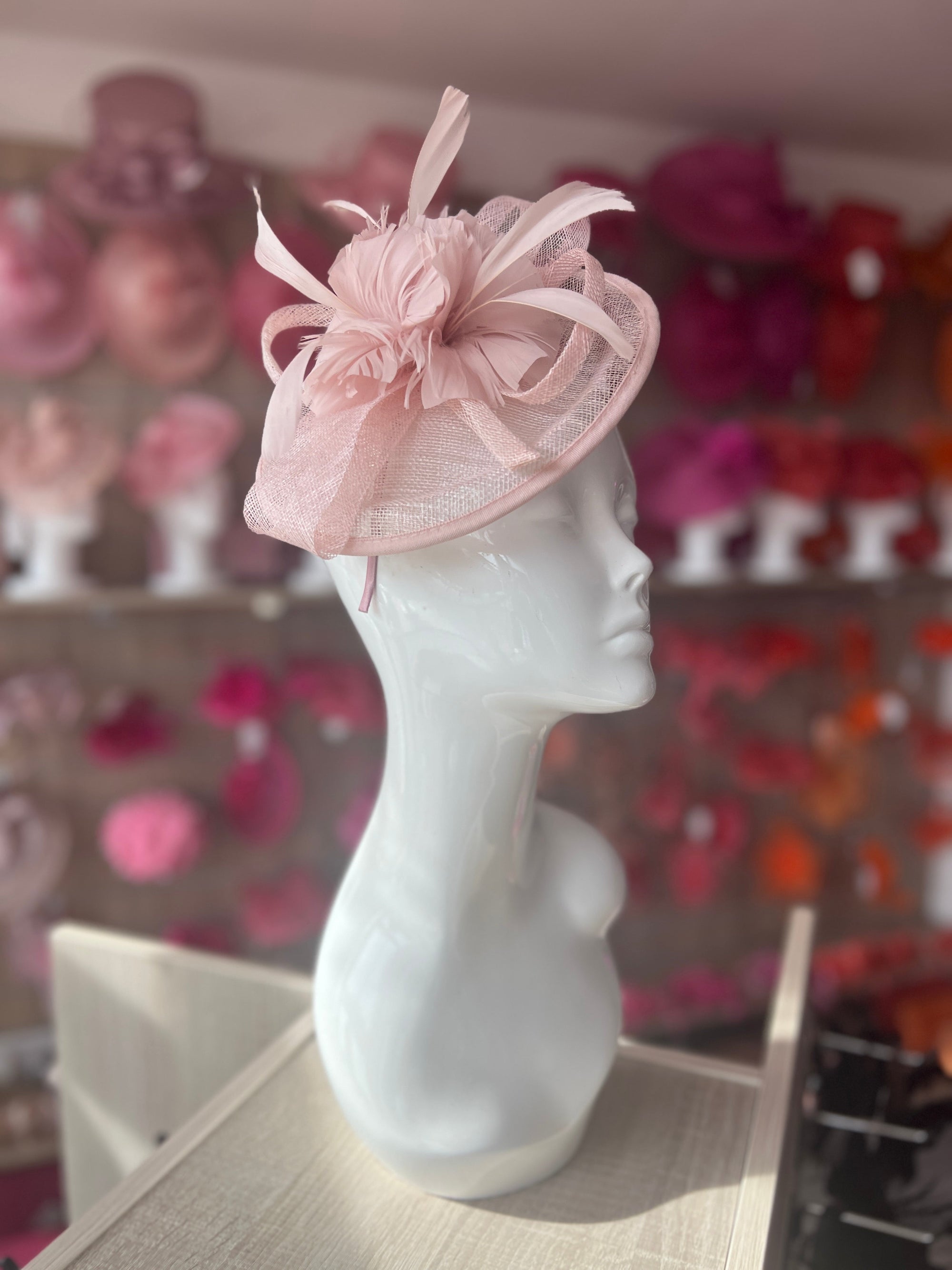 Dusky Pink Round Fascinator With Spiral loops & Feather Flowers-Fascinators Direct