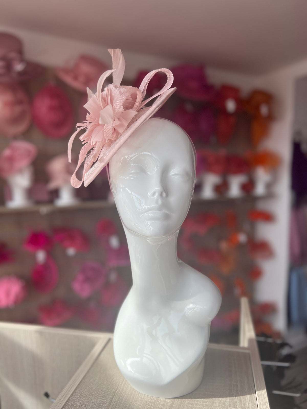 Dusky Pink Round Fascinator With Spiral loops &amp; Feather Flowers-Fascinators Direct