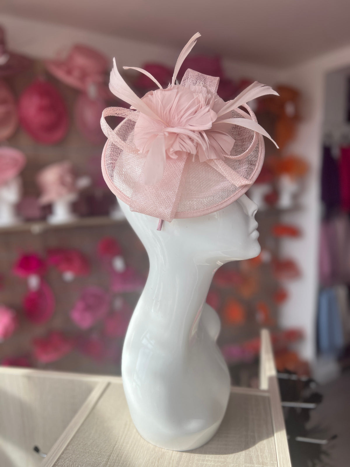 Dusky Pink Round Fascinator With Spiral loops &amp; Feather Flowers-Fascinators Direct