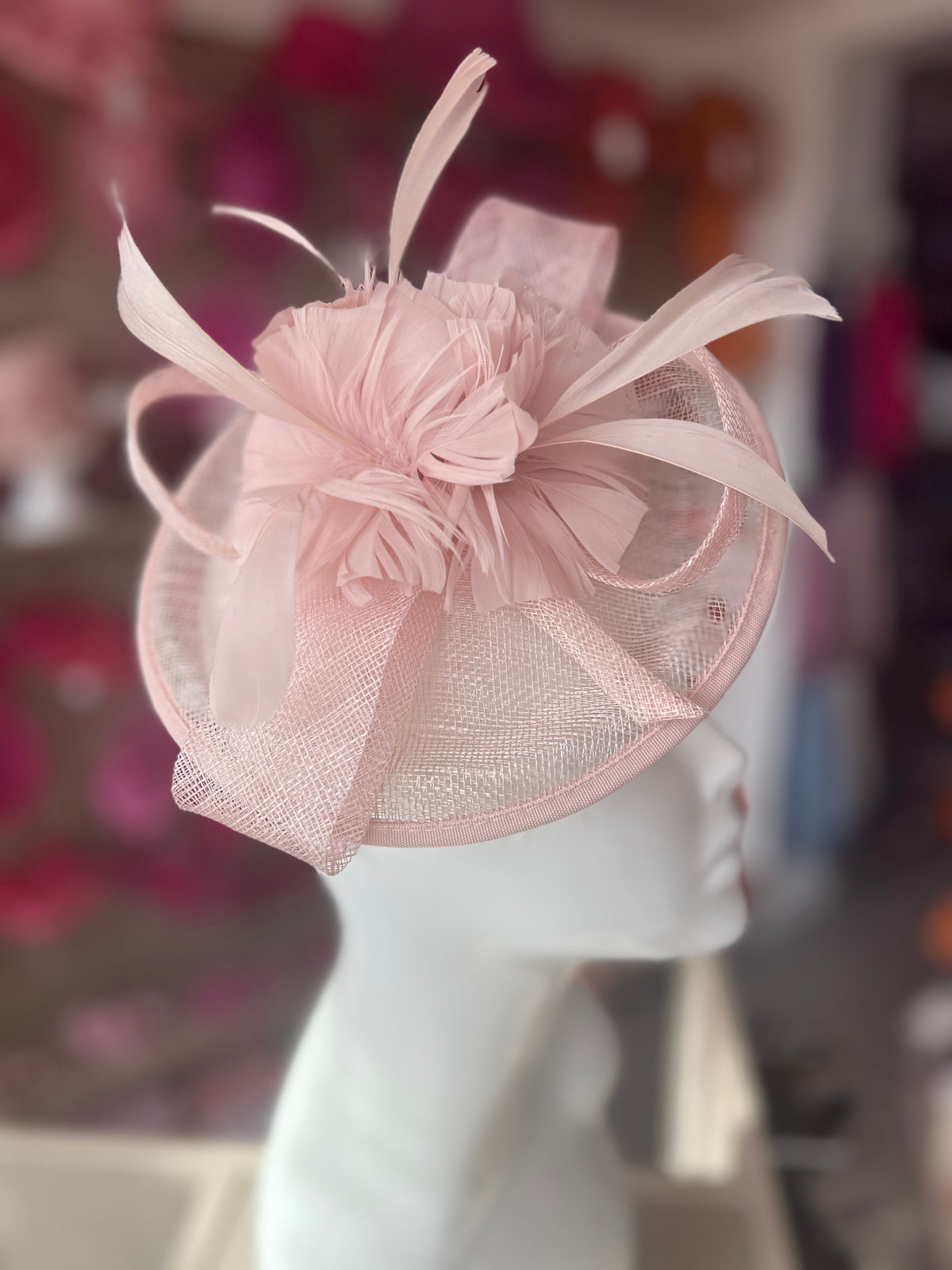 Dusky Pink Round Fascinator With Spiral loops &amp; Feather Flowers-Fascinators Direct