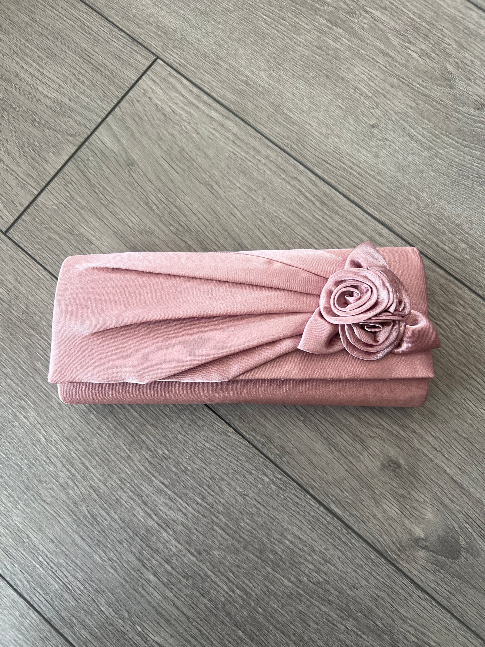 Dusky Pink Satin Clutch Bag With Rose Flower Detail-Fascinators Direct
