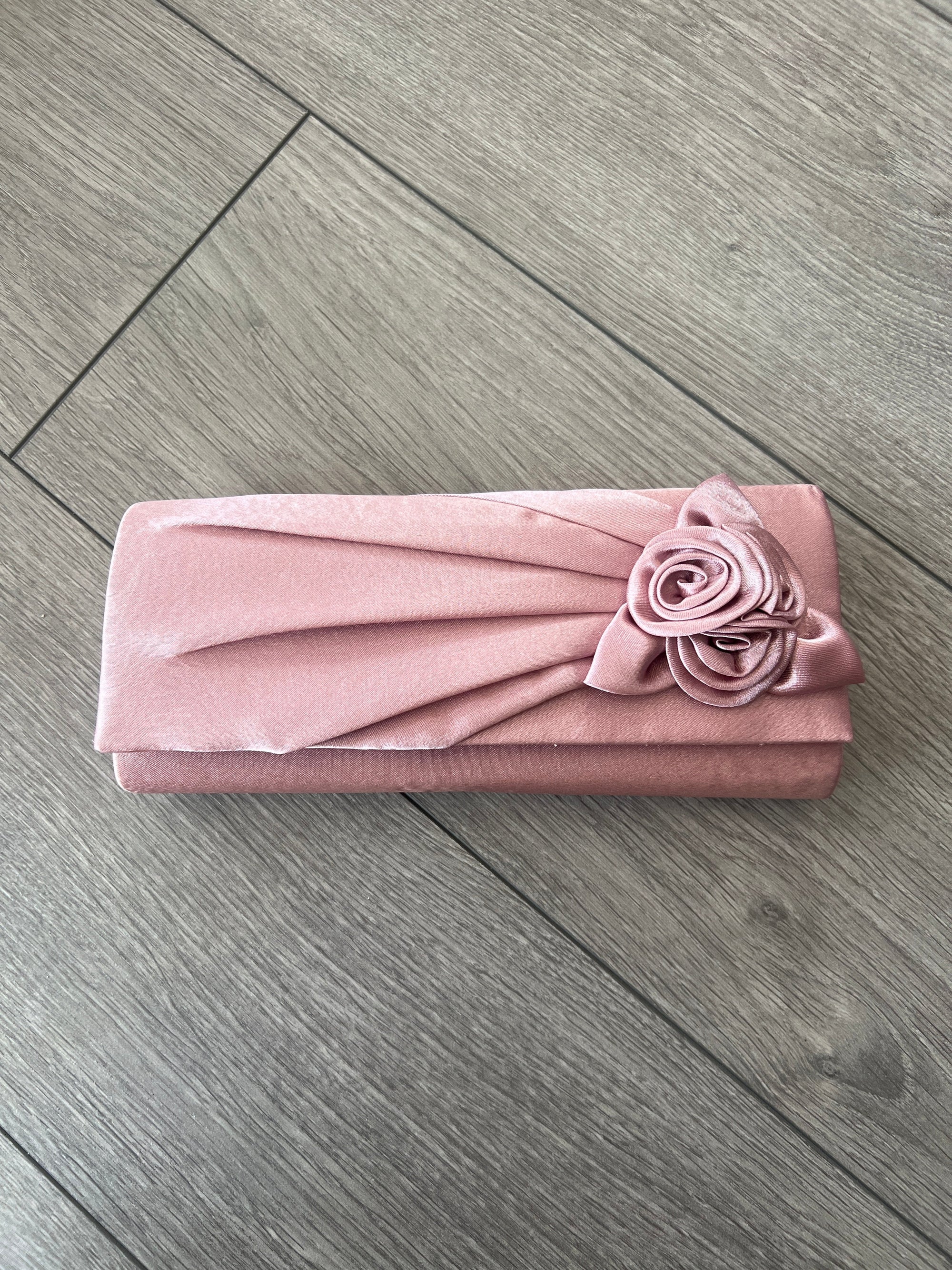 Dusky Pink Satin Clutch Bag With Rose Flower Detail-Fascinators Direct