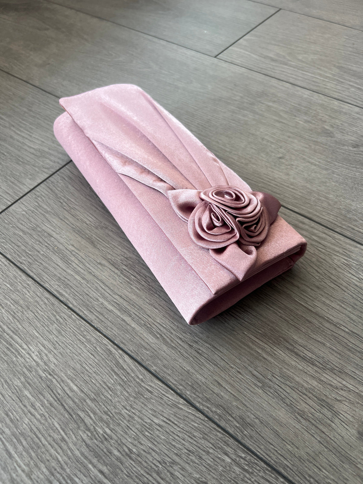 Dusky Pink Satin Clutch Bag With Rose Flower Detail