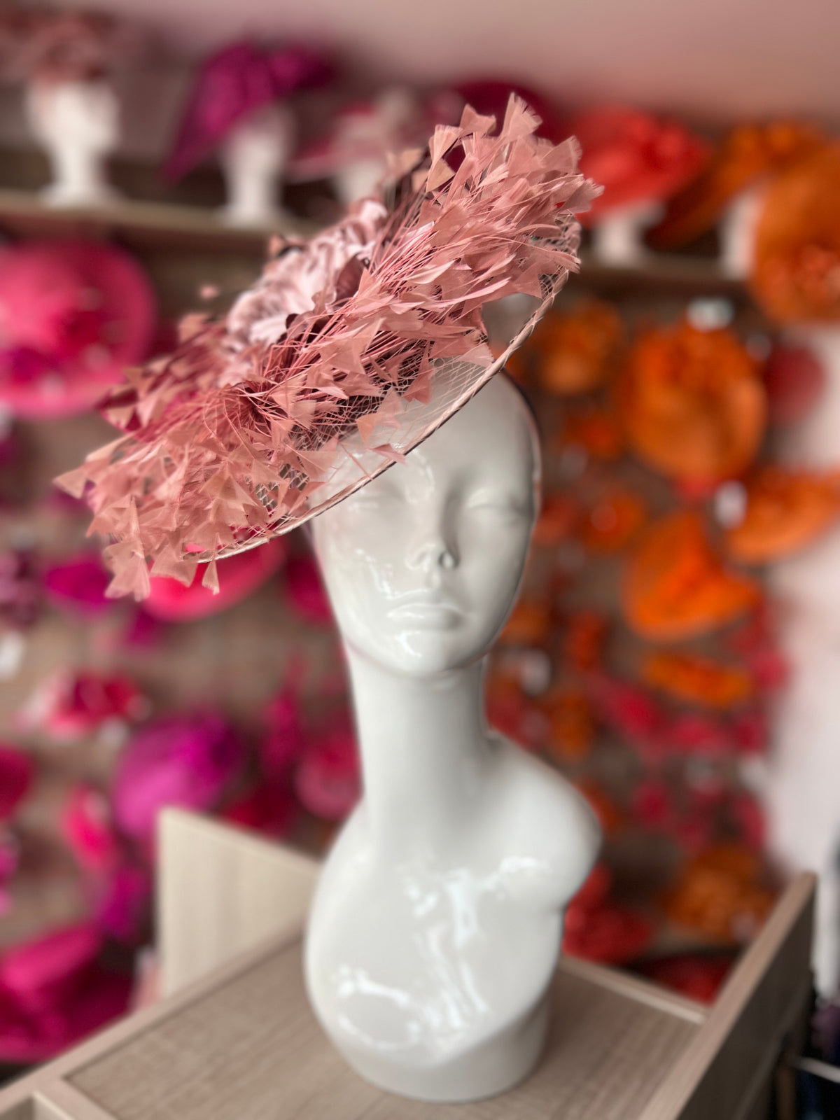 Dusky Pink Saucer Hatinator With Array Of Feathers &amp; Satin Flower-Fascinators Direct