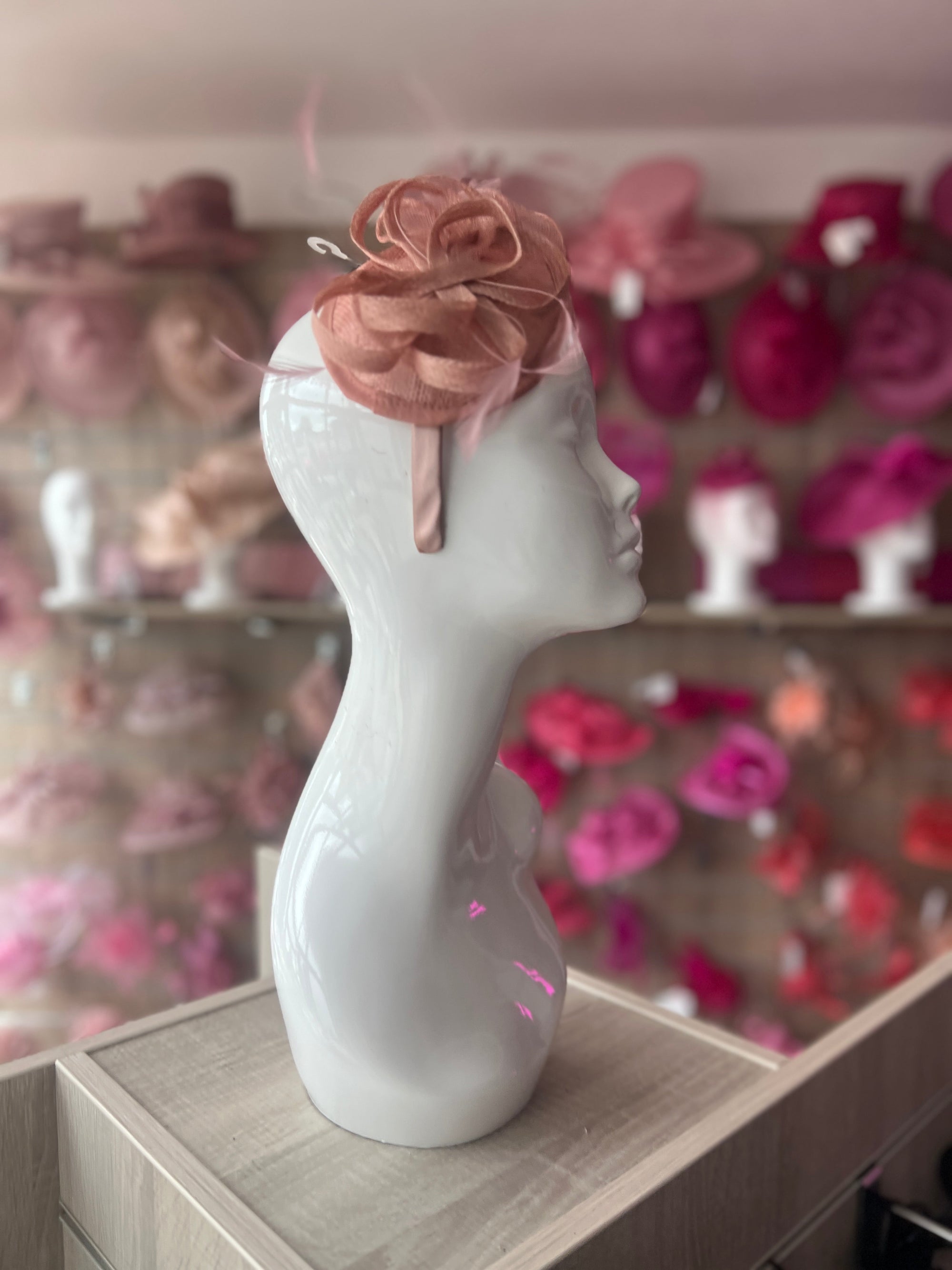 Dusky Pink Teardrop Fascinator with Curled Sinamay Loops-Fascinators Direct