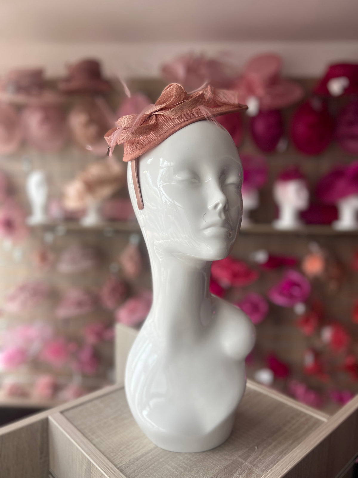 Dusky Pink Teardrop Fascinator with Curled Sinamay Loops-Fascinators Direct