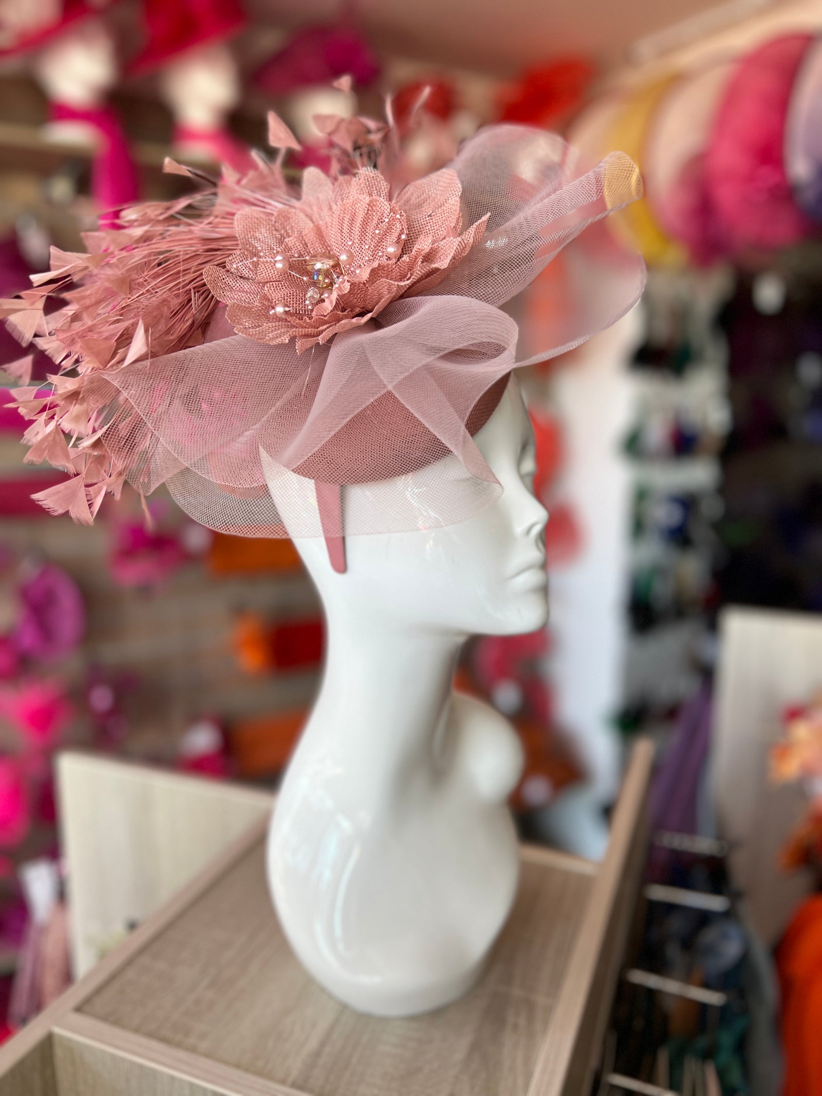 Dusky Pink Vintage Feather Pillbox Hatinator With Beaded Detail-Fascinators Direct