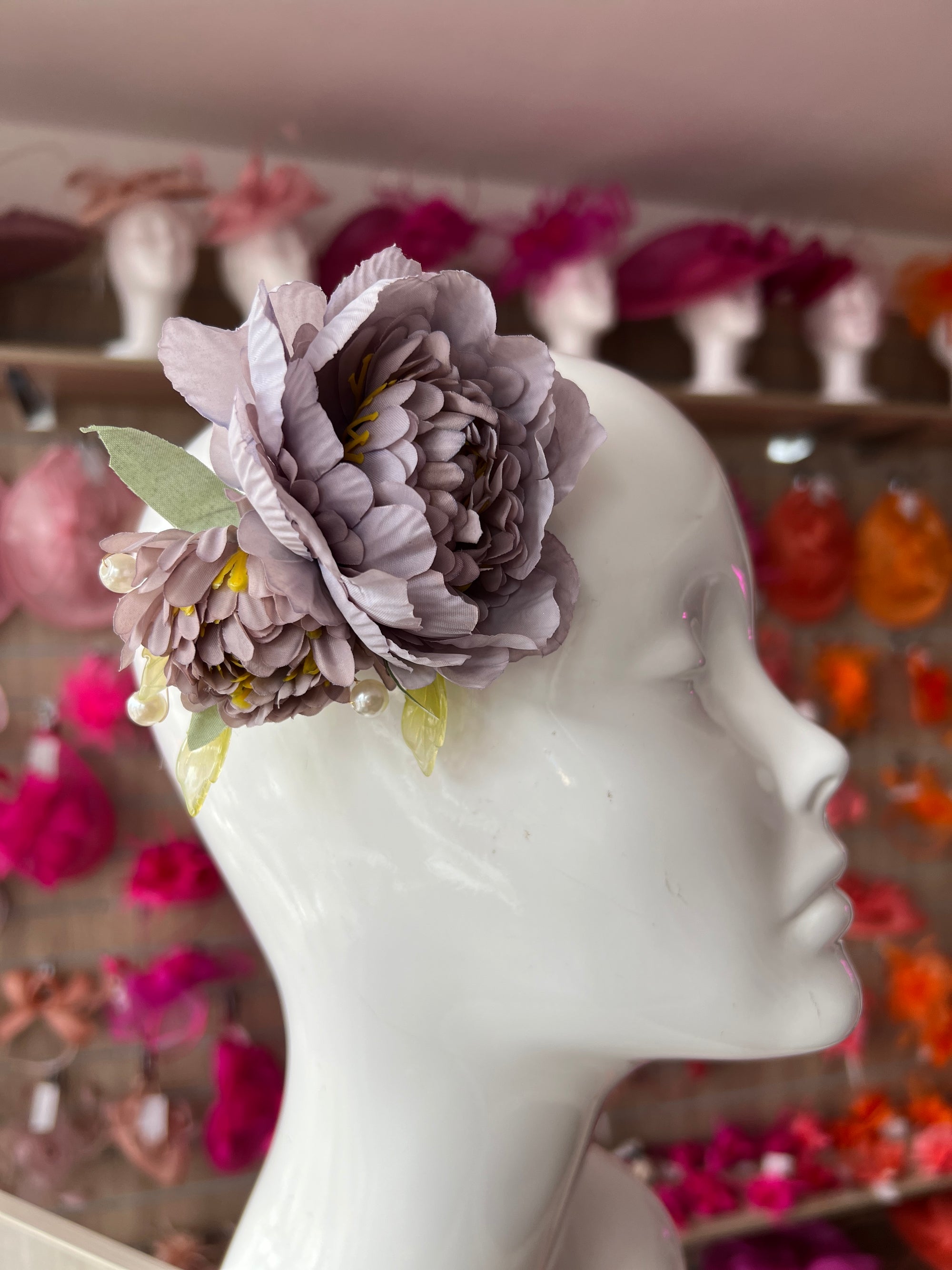 Dusky Purple Peony Flower Hair Clip with Pearls & Leafs-Fascinators Direct