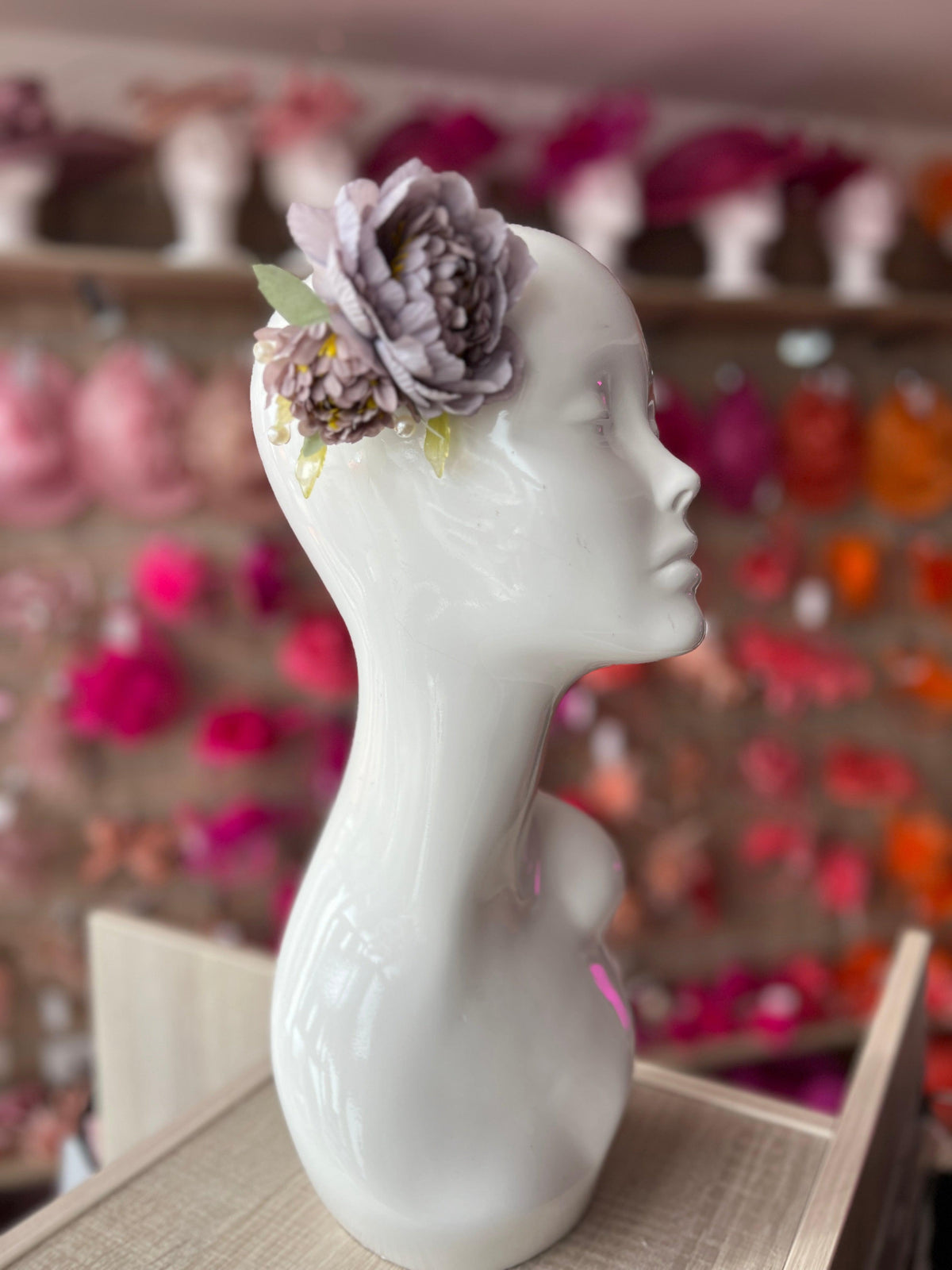 Dusky Purple Peony Flower Hair Clip with Pearls &amp; Leafs-Fascinators Direct