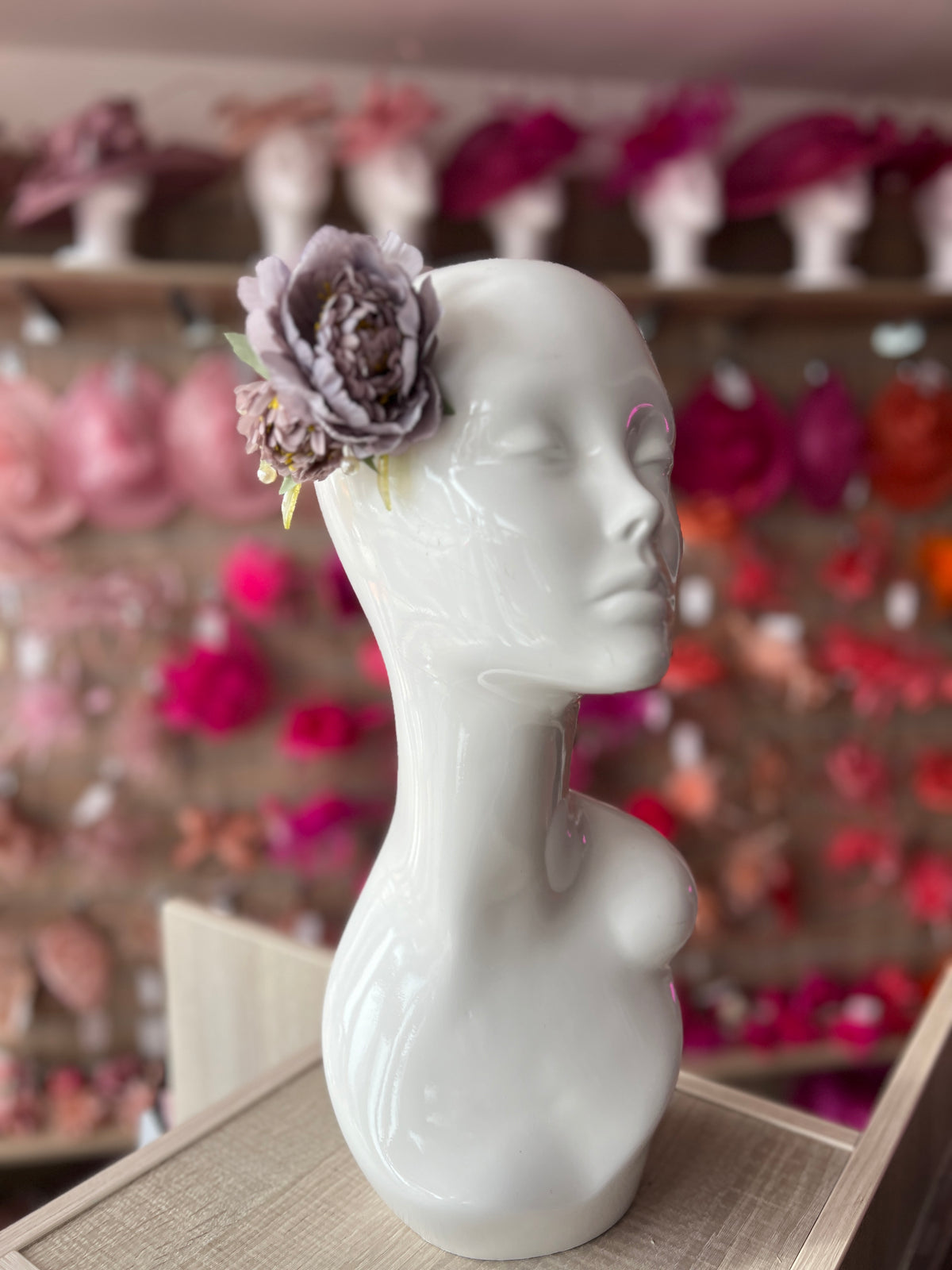 Dusky Purple Peony Flower Hair Clip with Pearls &amp; Leafs-Fascinators Direct