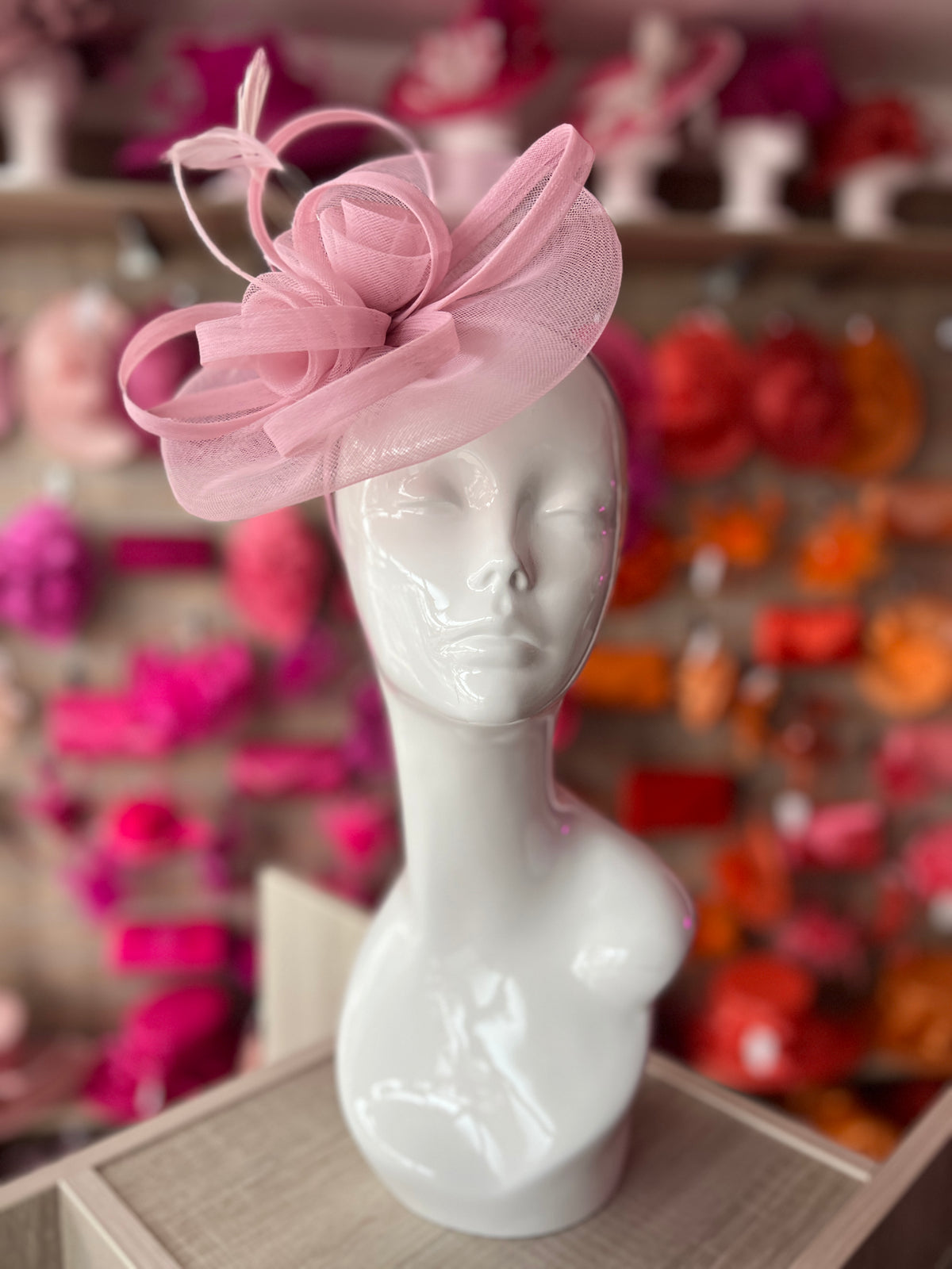 Dusty Pink Crinoline Saucer Fascinator With Loops &amp; Feathers-Fascinators Direct